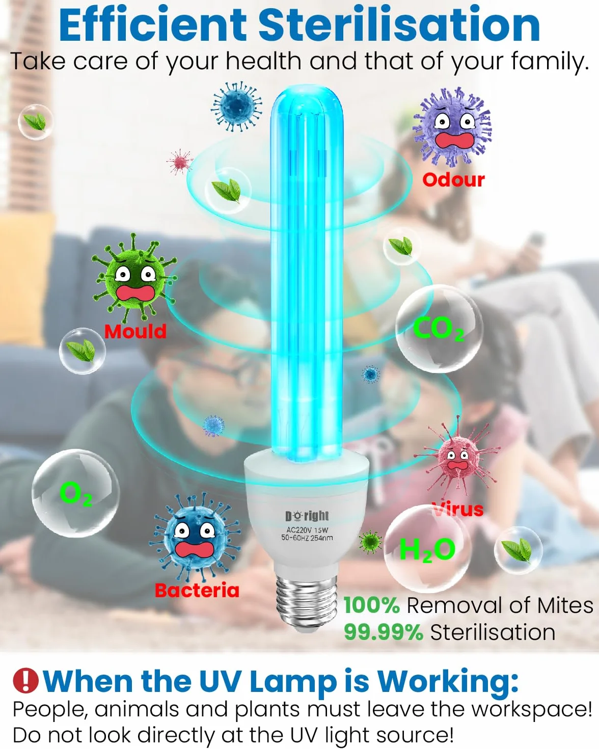 DoRight 15W Lampa bakteriobójcza UV Żarówka UV 254nm E27 z ozonem UVC Silna sterylizacja i dezynfekcja AC220-240V Idealna do kuchni, sypialni, salonu, biura i szkoły (1 szt.)
