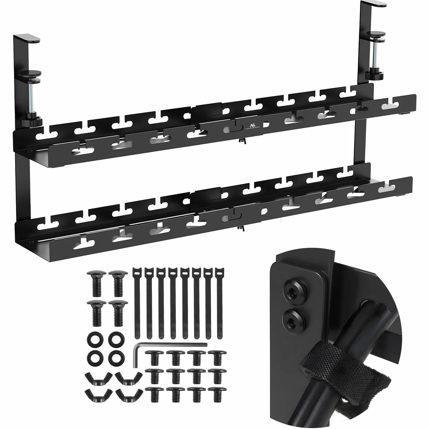 Maclean MC-102B - Organizer kabli z 2 półkami, regulowany, z mocowaniem zaciskowym 433-728 mm, wytrzymały uchwyt na gniazdo 5 kg, z przepustem kablowym i zapięciami na rzepy