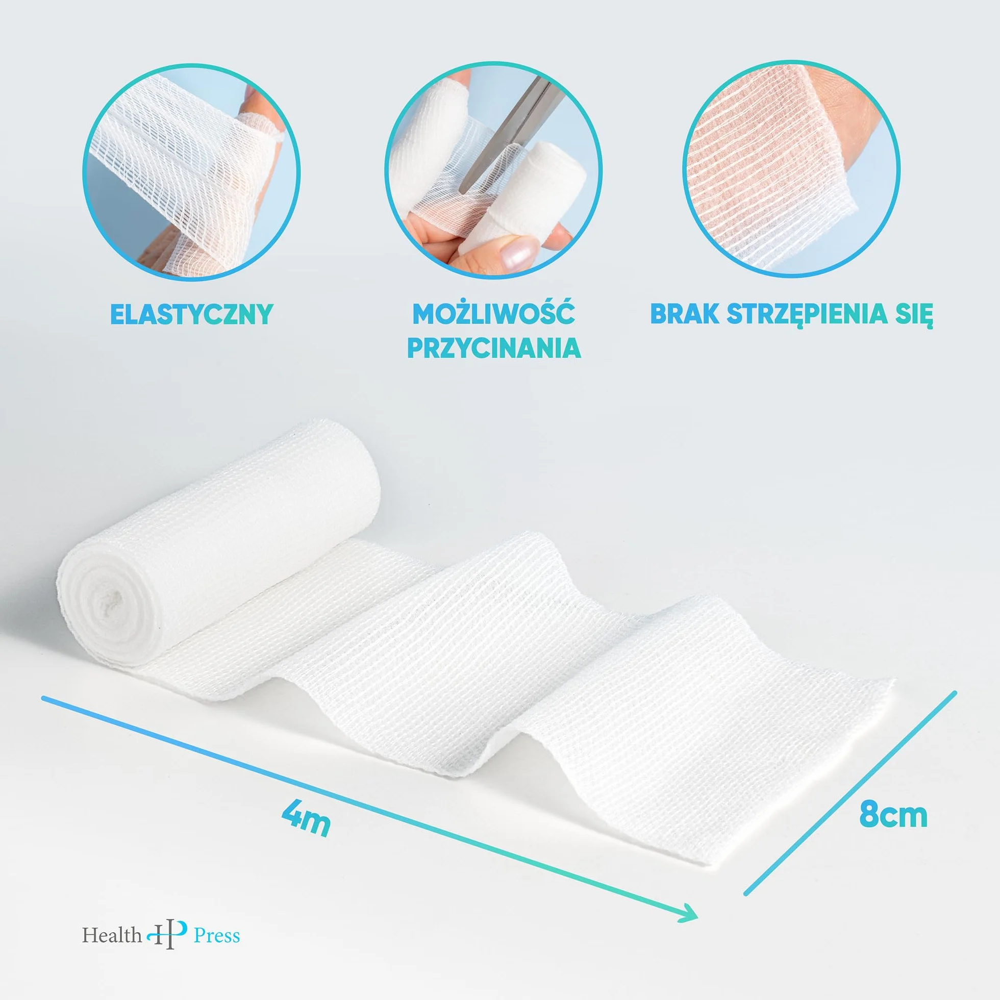 Health Press Bandaż z gazy – materiał opatrunkowy (8 cm x 4 m), 20 rolek – elastyczny – produkt medyczny – testowany dermatologicznie – mocujący – idealny do pierwszej pomocy