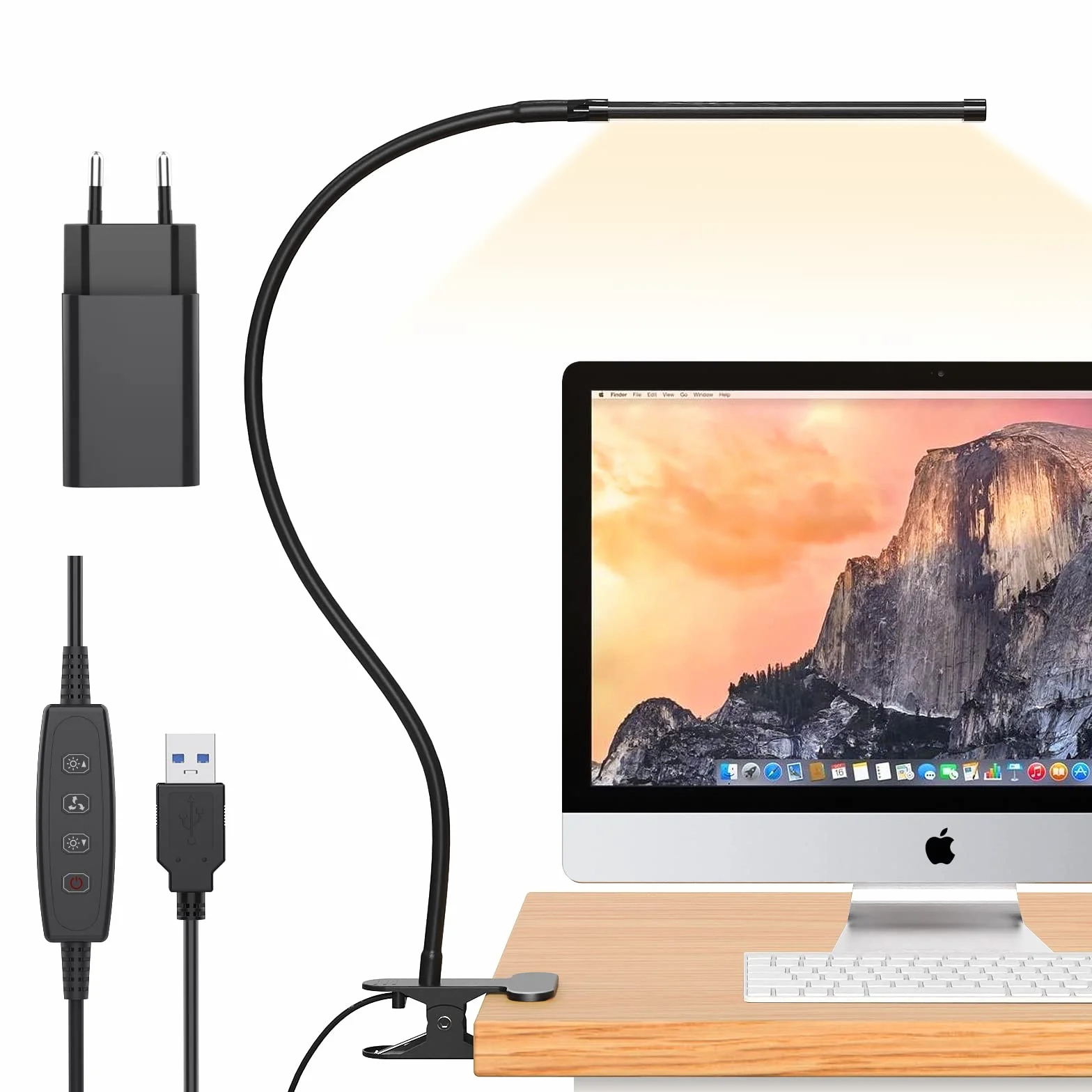 iZELL Lampa biurkowa LED 77 - ściemniana, 3 temperatury barwowe, 10 poziomów jasności, elastyczna gęsia szyja, ładowarka USB, czarny plastik