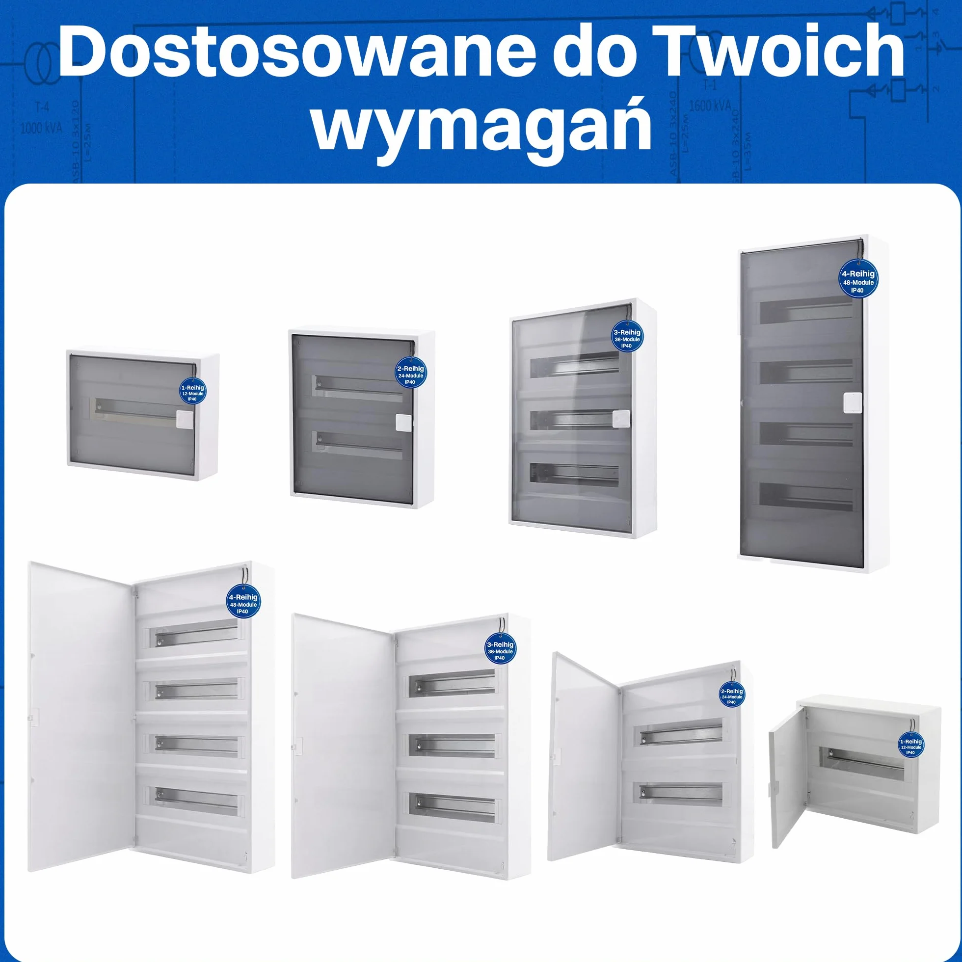Intratec ALPHA Rozdzielnica natynkowa 4-rzędowa – Skrzynka rozdzielcza na 48 modułów z przezroczystymi drzwiami – Obudowa DIN do domu i zastosowań profesjonalnych – 650 × 310 × 96 mm
