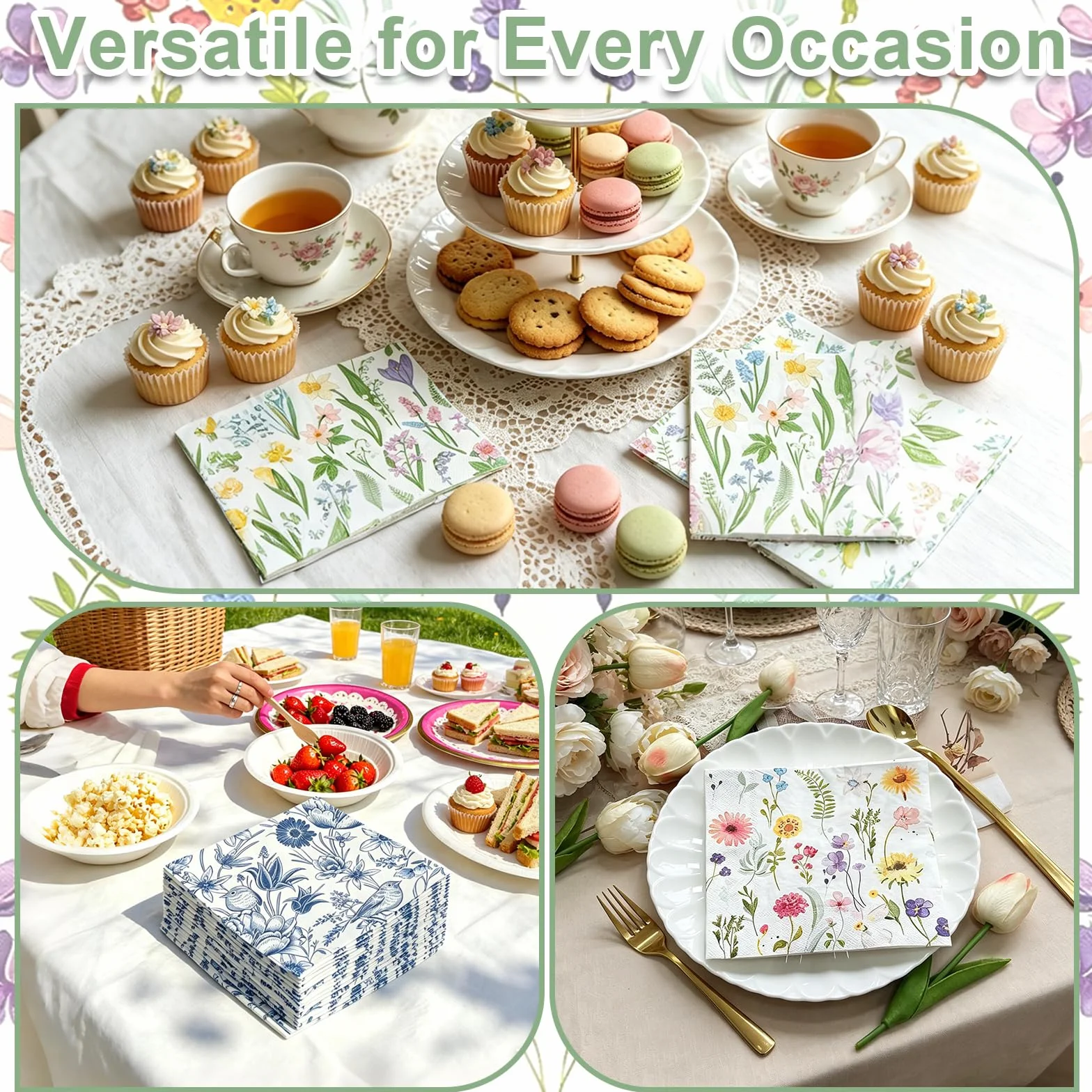Flintronic 40 sztuk serwetek kwiatowych, 2-warstwowe, eleganckie serwetki papierowe, 33 x 33 cm, jednorazowe serwetki deserowe na urodziny, wesela, baby shower, komunia