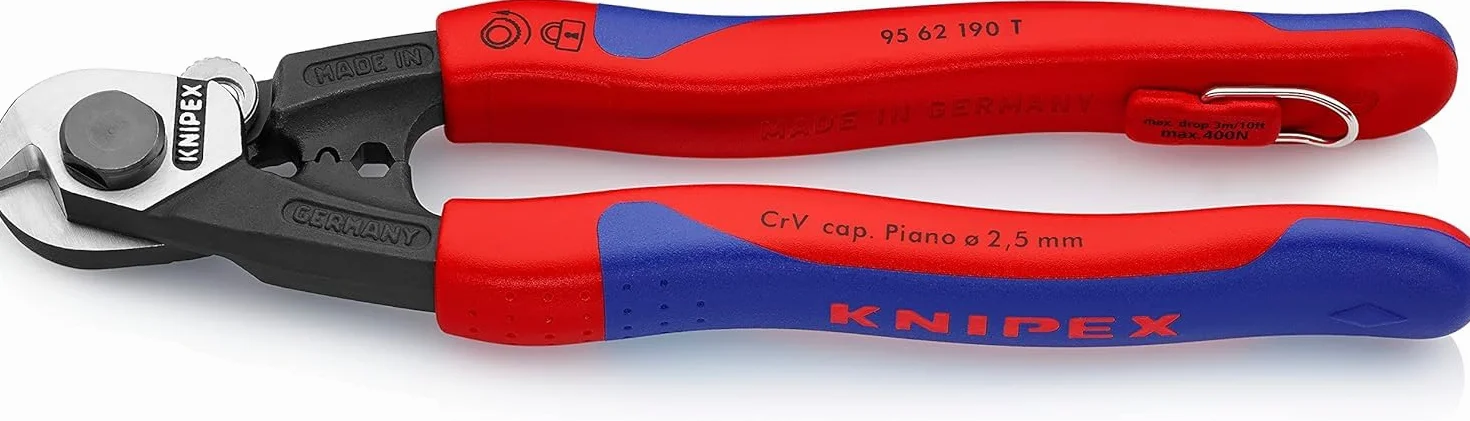KNIPEX Nożyce do lin stalowych kute z wielokomponentowymi nasadkami, zaczep do mocowania systemu zabezpieczającego narzędzia przed, 95 62 190 T