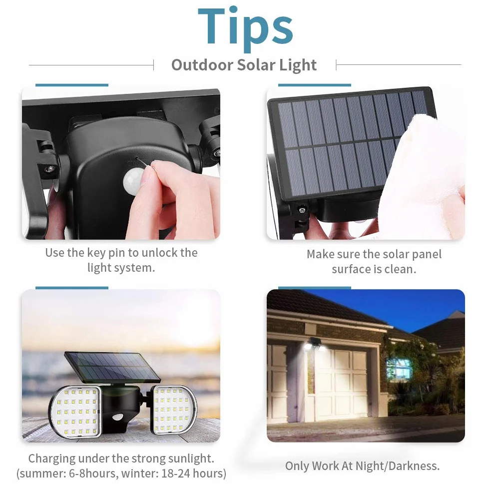 OUSFOT Lampy solarne na zewnątrz 56 LED solarne światła powodziowe czujnik ruchu podwójny panel światło bezpieczeństwa 360° regulowany reflektor ścienny IP65 wodoodporny do ogrodu garażu podjazdu drzwi wejściowych