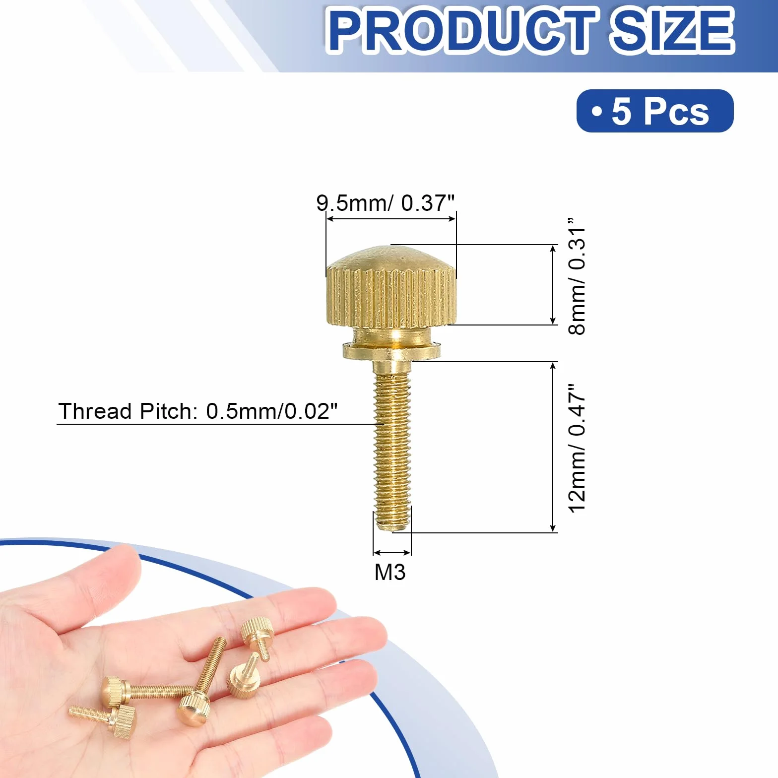 QUARKZMAN 5 sztuk mosiężnych radełkowanych śrub na kciuk, M3 x 12 mm bolce na ramię radełkowane gałki uchwytowe elementy mocujące, masywny mosiądz, radełkowane guziki śrubowe do elektroniki