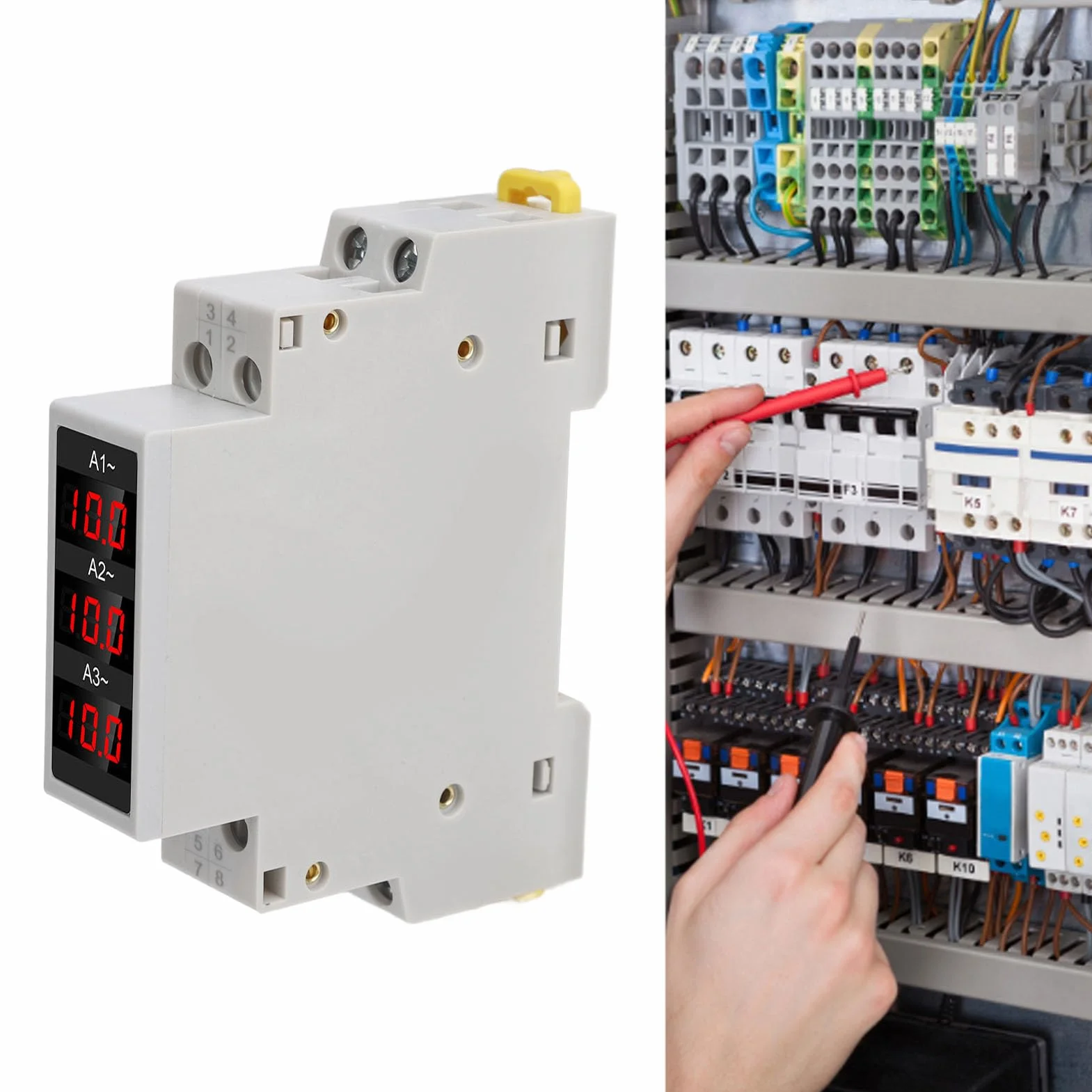 3-fazowy Woltomierz na szynę DIN Amperomierz, AC 80–500 V 1–100 A Cyfrowy Licznik Energii z 3 Czujnikami, Napięciowo-prądowy Miernik Mocy Tester Energii Elektrycznej Multimetr