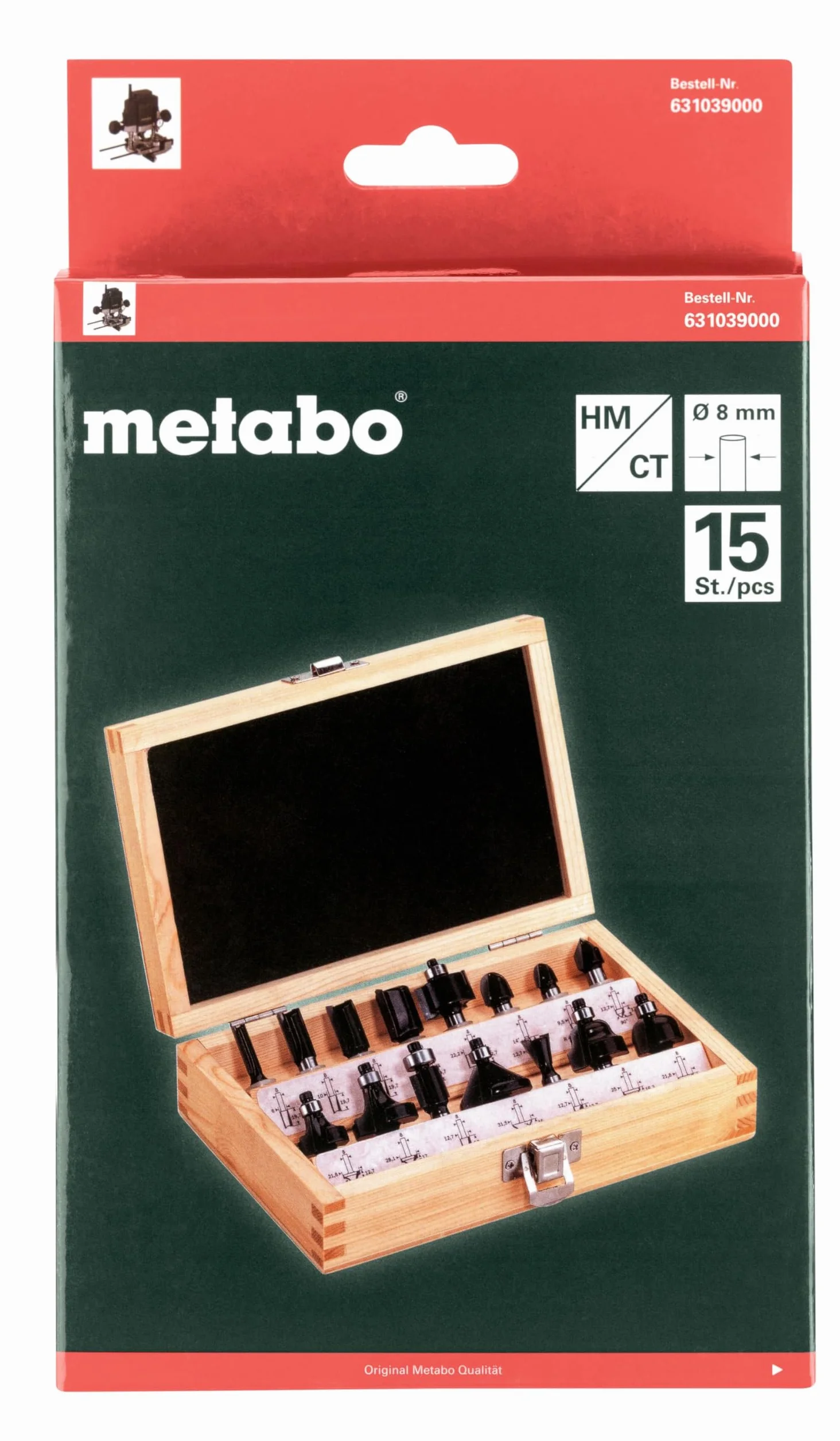 Metabo Zestaw frezów SP, 8 mm, 15-częściowy – 631039000 – frezy do drewna, tworzywa sztucznego i metalu