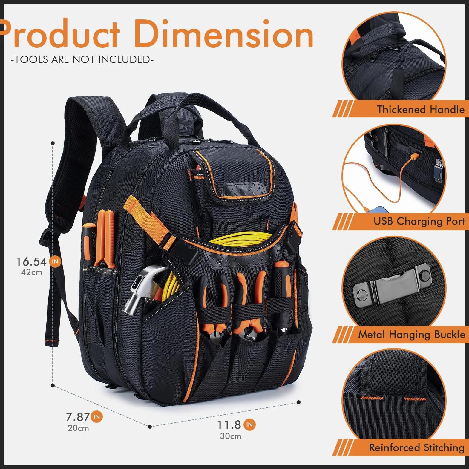 BAGZY 40x30x20cm Torba do Plecaka Narzędzia 1680D Torby Nośnik Narzędzi dla Mężczyzn 52 Kieszenie Elektryk Całkowicie Otwarty Plecak USB Podstawa Sztywna Torba Narzędzia Wycieczki Piesze Pomarańczowy