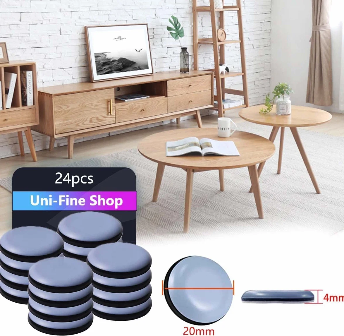 Uni-Fine 24 sztuki 20 mm podkładki teflonowe, samoprzylepne, okrągły kształt, wytrzymałe ślizgacze teflonowe do mebli i dywanów