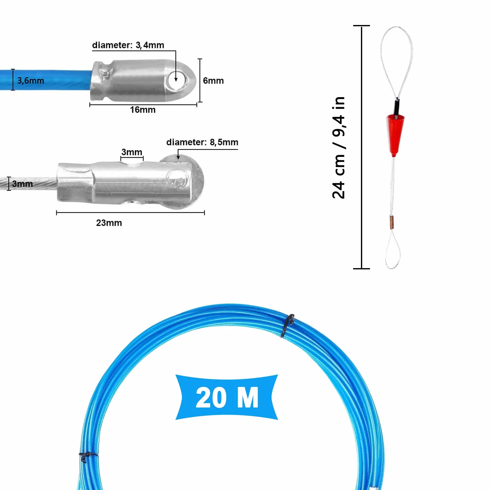 φ 3,6 mm Kabeleinziehhilfe, włókno wciągane z poliestru 20 m z 2 sprężynami prowadzącymi, pomoc w wciąganiu kabli w idealnym taśmie do wprowadzania komunikacji, Nadaje się do światłowodów, domowego