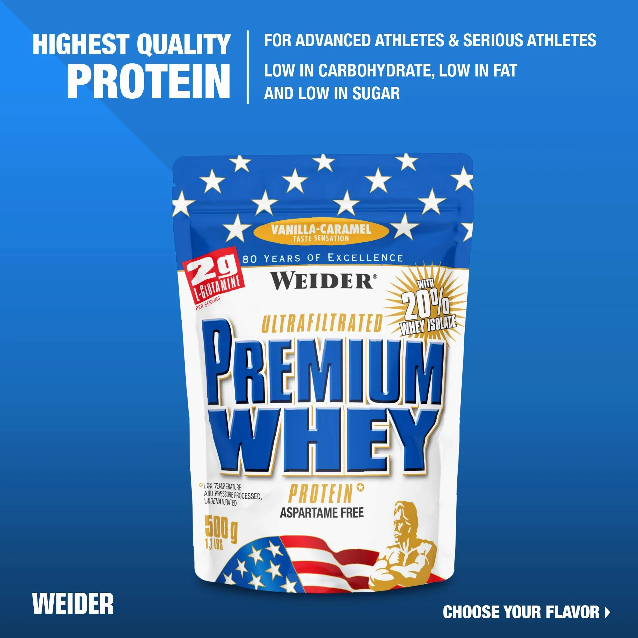Weider Premium Whey Protein. Białko - koncentrat i izolat serwatki. Z L-glutaminą i witaminą B6. Vanilla-Caramel (1 x 500 g).