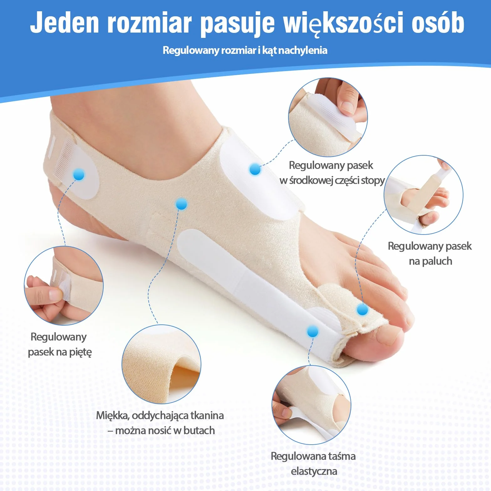 Korektor palucha koślawego dla kobiet i mężczyzn – Regulowana Szyna haluksuów z poduszką żelową dla ulgi w bólu – Uniwersalny rozmiar, 1 para
