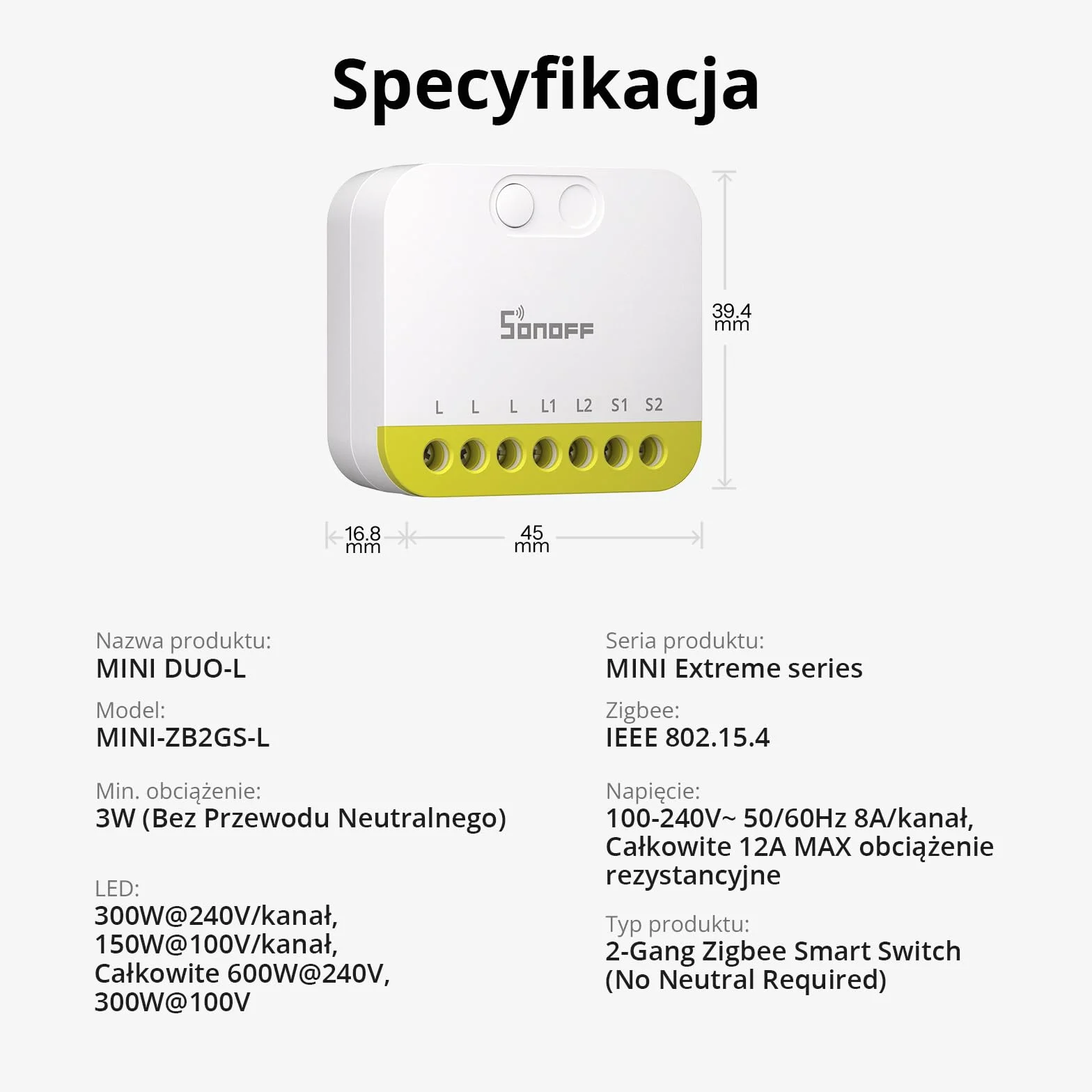 SONOFF MINI DUO-L Zigbee Smart Switch, Zigbee 3.0, Dual Channel, No Neutral Wire