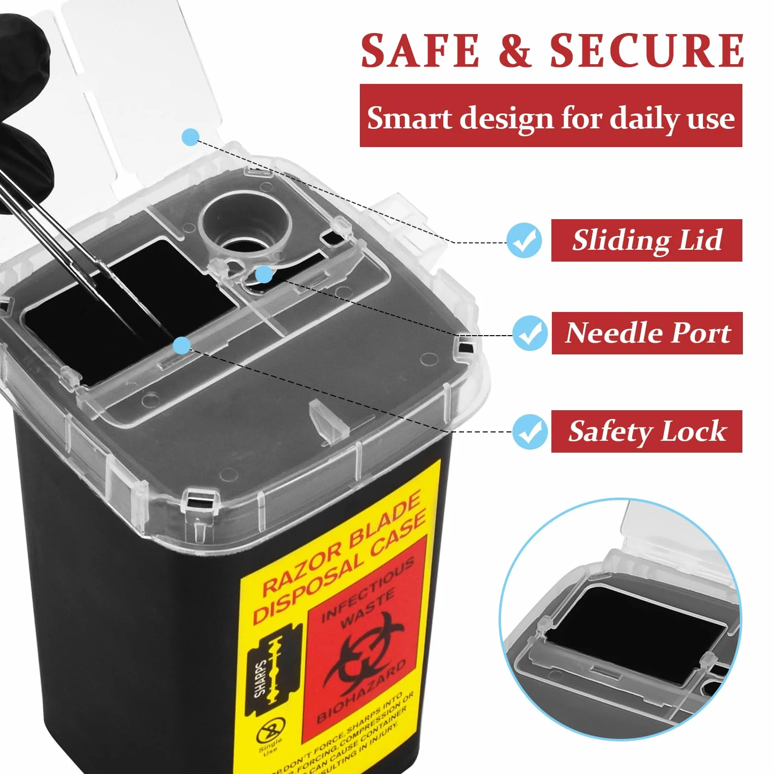 ATOMUS 2 szt. 1 l Black Tattoo Plastic Sharp Container Box Sharps Containers Needle Destruction Waste Bin Needle Disposal Bin with Lid for Tattoo Eyebrow Blade