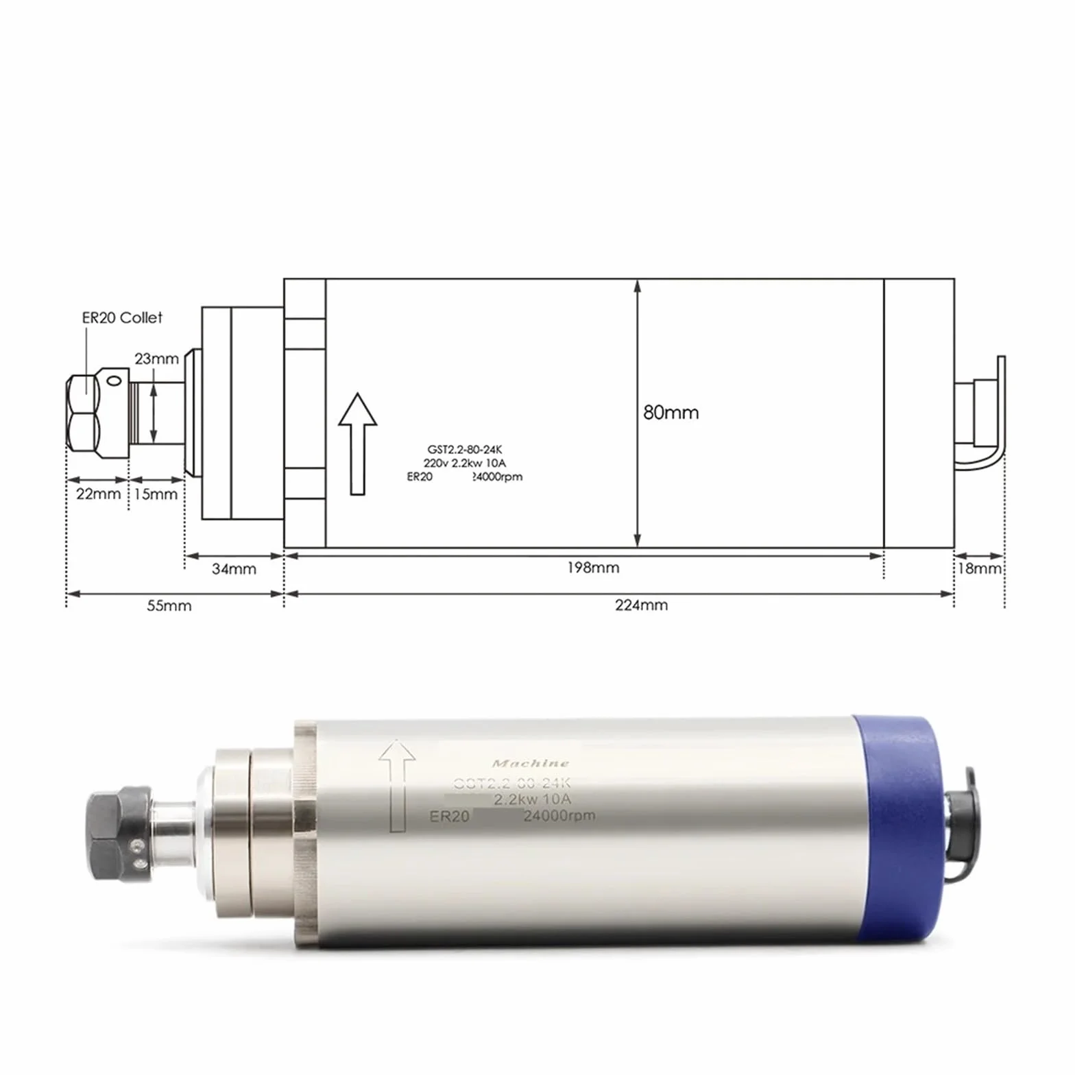 2.2KW CNC Silnik Wrzeciona Chłodzonego Powietrzem ER20 4 Szt. Łożyska Ceramiczne 80mm Wrzeciono Chłodzące Powietrze Do Frezowania Grawerskiego Wysoce Zoptymalizowany(Ceramic Ball Bearing)