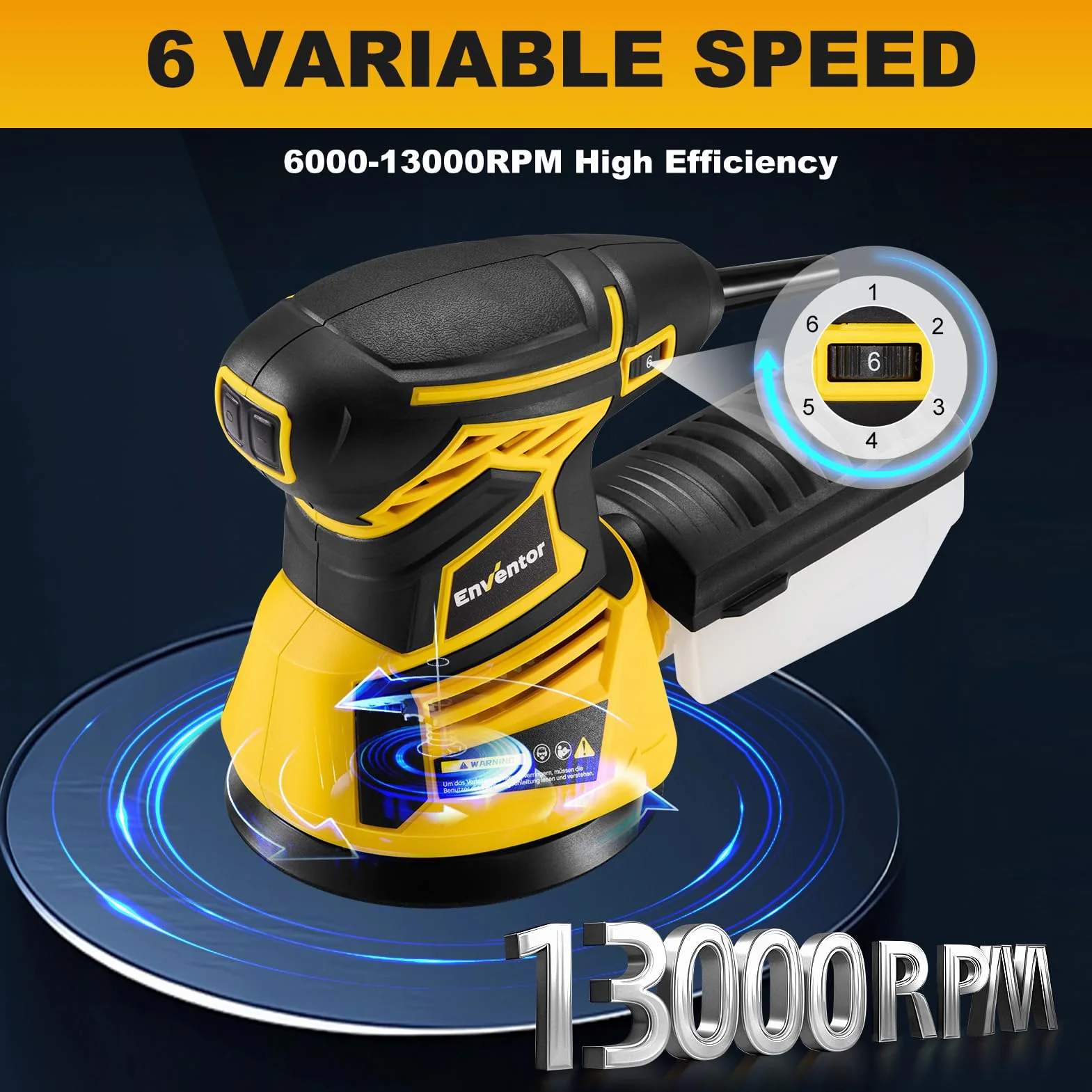 Enventor Szlifierka mimośrodowa 125 mm, 350 W, 6000-13000 OPM, 6 biegów, wielofunkcyjna szlifierka z odsysaniem i pojemnikiem na kurz, szlifierka w zestawie 20 sztuk papieru ściernego do powierzchni