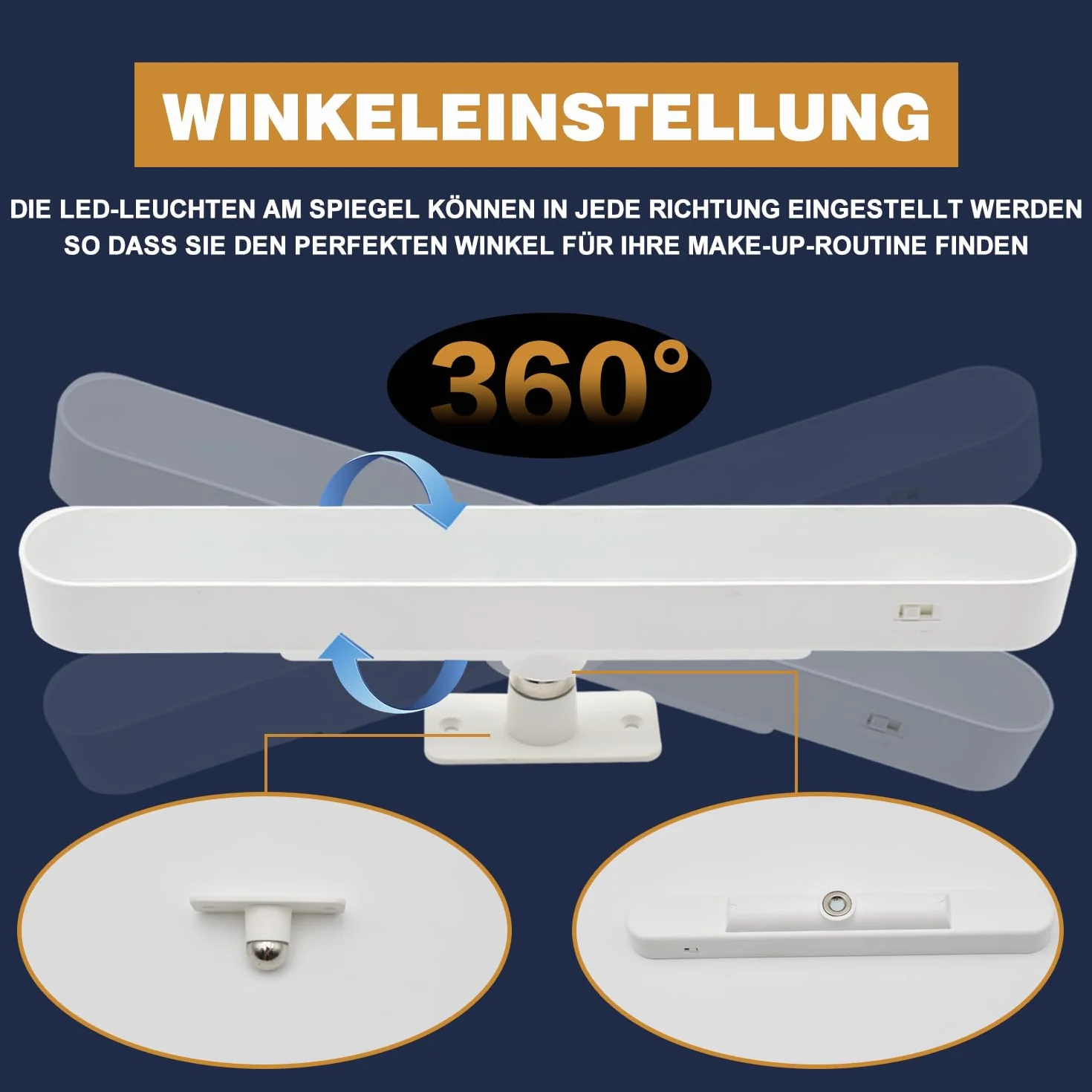 Oświetlenie toaletki LED, 4000 mAh, oświetlenie lustra, oświetlenie lustra, bez kabla, zdejmowana lampa obracana o 360°