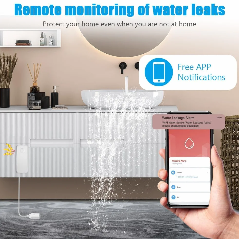 Flintronic Detektor wycieku wody Wi-Fi, inteligentny czujnik wycieku wody, alarm wody 80 dB z kablem wykrywającym 1 m, zdalne monitorowanie aplikacji, zasilanie baterią AAA, do kuchni, piwnicy,
