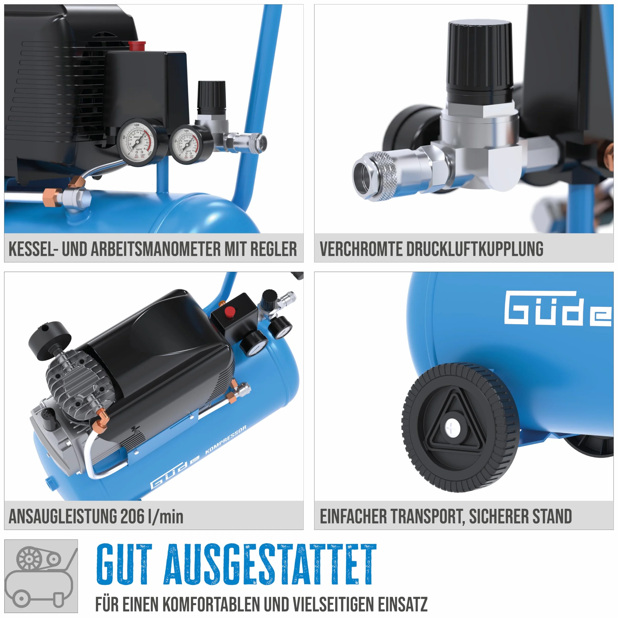 Güde Sprężarka 231/10/24 (smarowana olejem, maks. 10 bar, 1500 W, kocioł 24 l, moc ssania 206 l/min, reduktor ciśnienia, 2 x manometr, zawór bezpieczeństwa, śruba spustowa kondensatu, filtr powietrza,