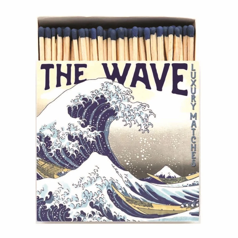 Hokusai The Wave długie zapałki, luksusowe gigantyczne kwadratowe pudełko na zapałki, niebieskie końcówki kolorowe duże zapałki, świece przy kominku prezent na parapetówkę