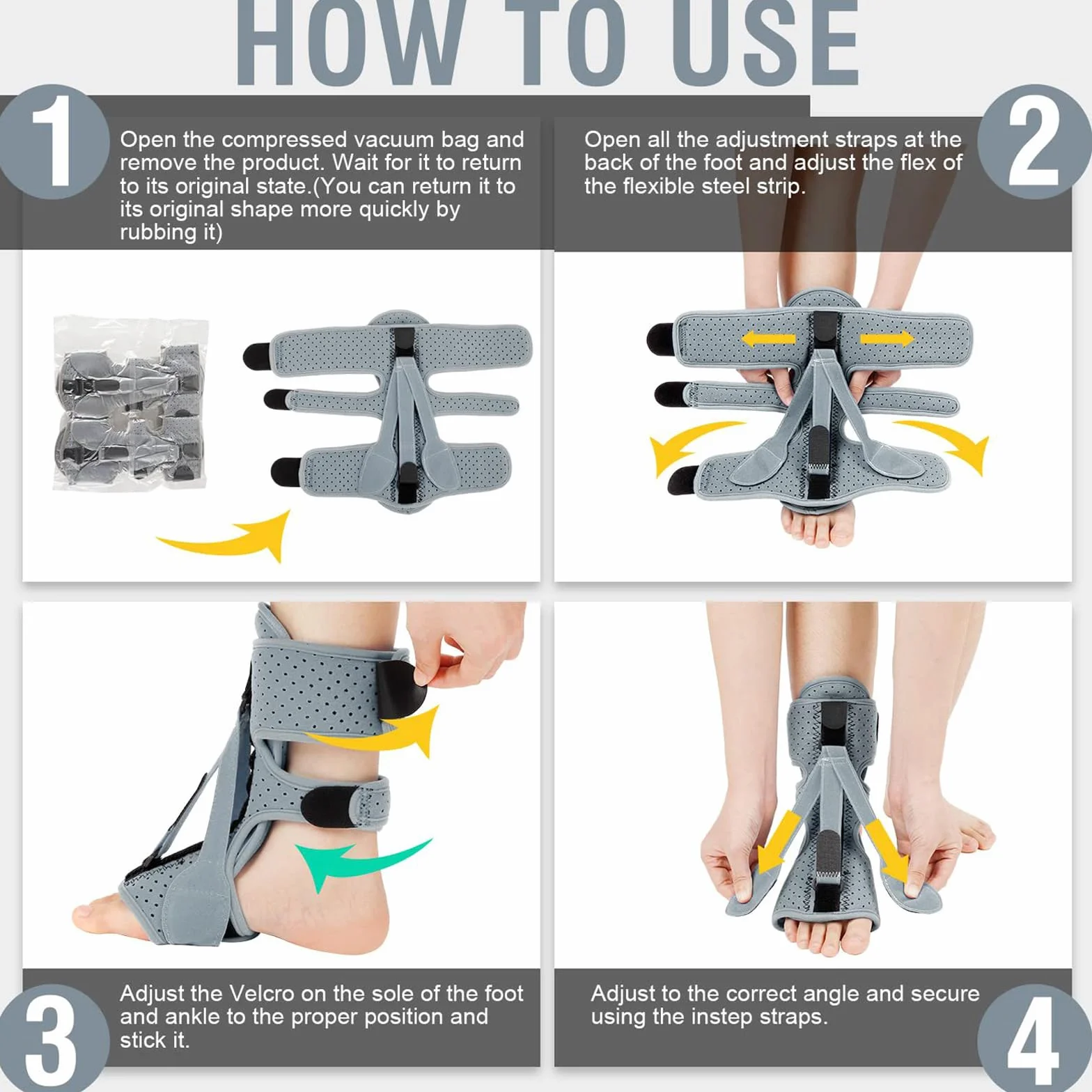 Plantarfasciitis szyna nocna z 3 regulowanymi paskami szara