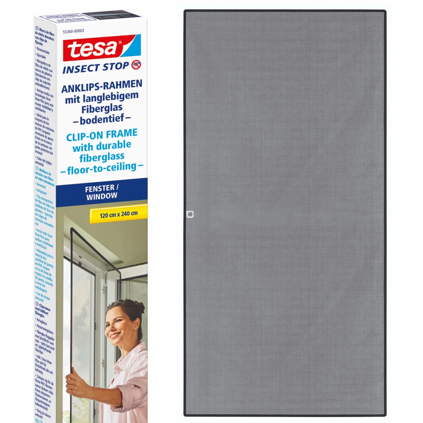 tesa Insect Stop Clip On - moskitiera zatrzaskowa okienna - rama docinana na wymiar, siatka z wytrzymałego włókna szklanego, samoprzylepne klipsy mocujące - 1,2 x 2,4 m - antracytowa