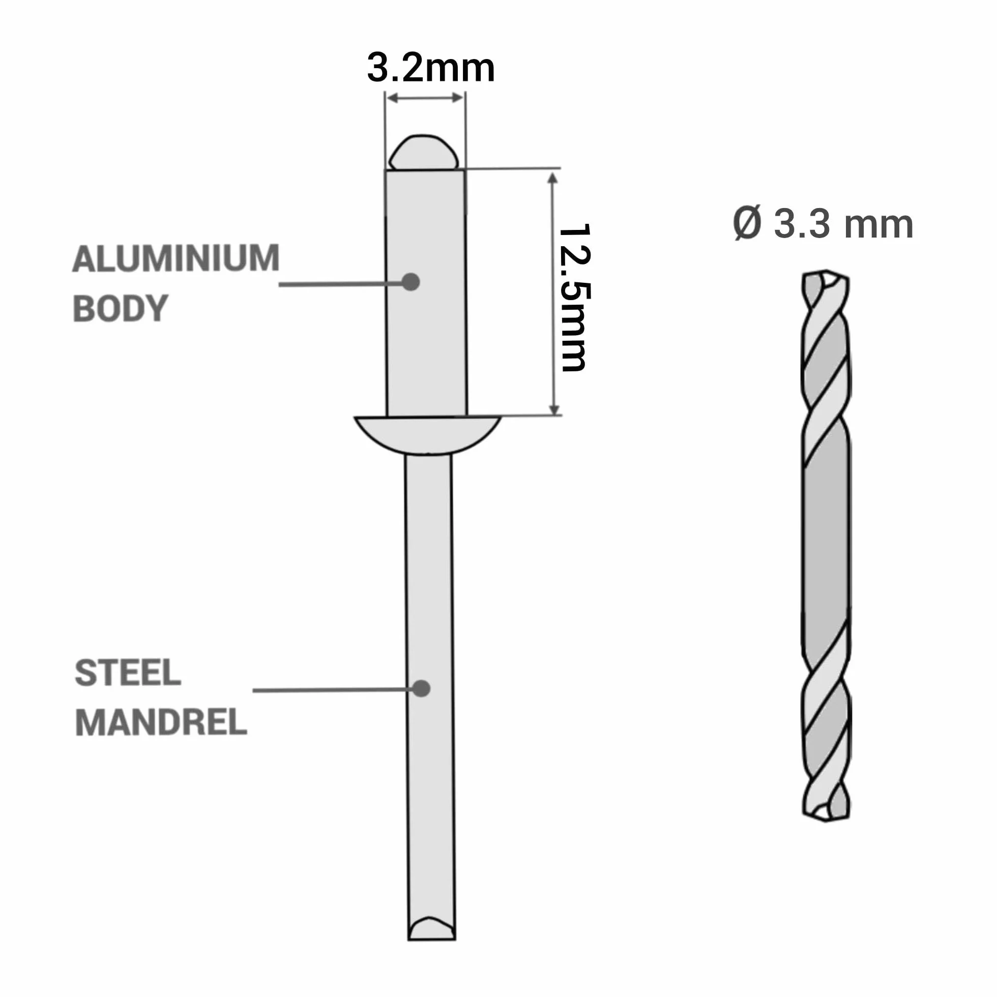 SKIR'CO (100 szt.) Nity zrywalne z zamkniętym końcem 3,2 x 12,5 mm, aluminiowe nity zrywalne, głowica kopułowa, stalowy trzpień, wiertło w zestawie