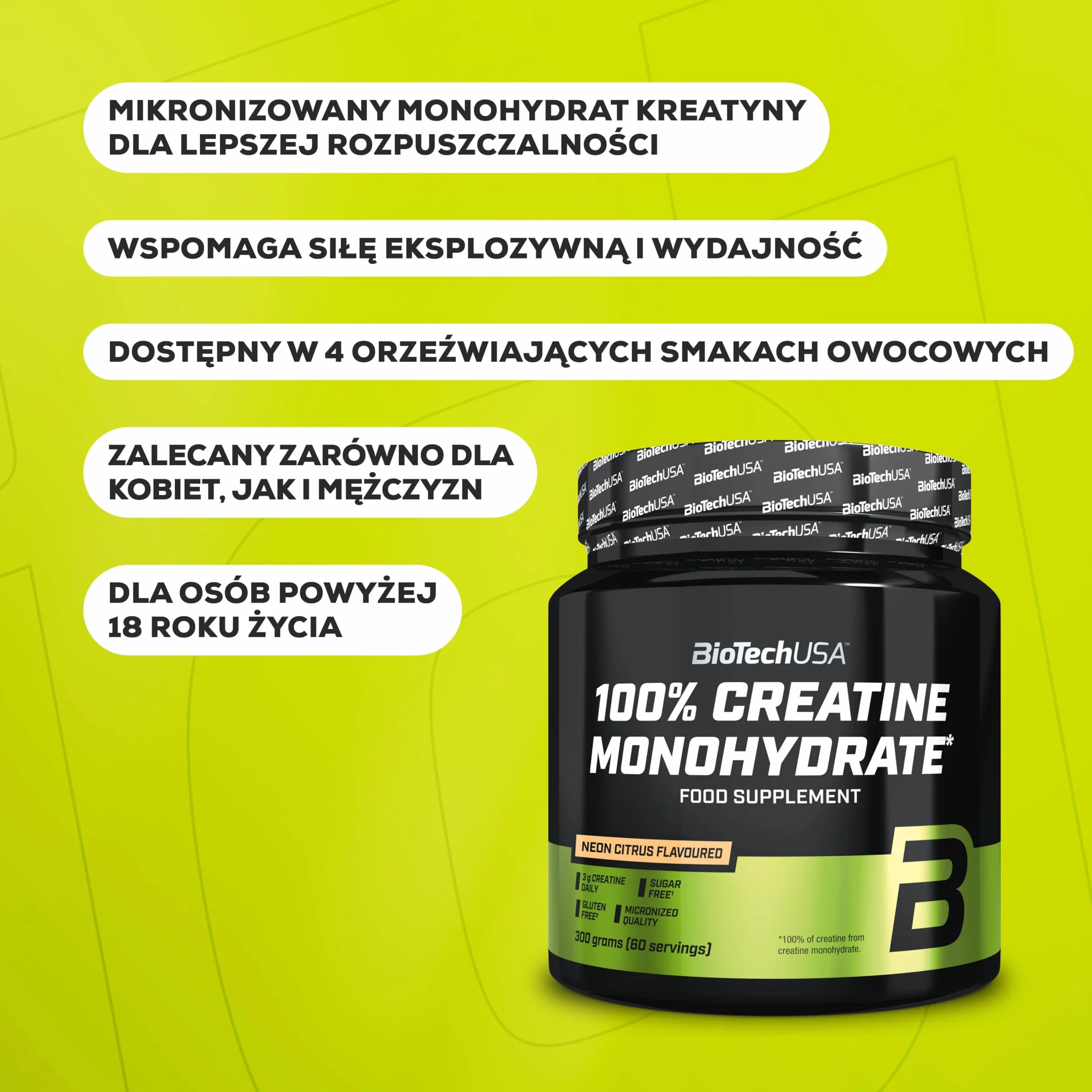 BioTechUSA 100% Creatine Monohydrate | kreatyna farmaceutycznej jakości | mikronizowana | wegańska | bezglutenowa, 300 g, Brzoskwiniowa mrożona herbata