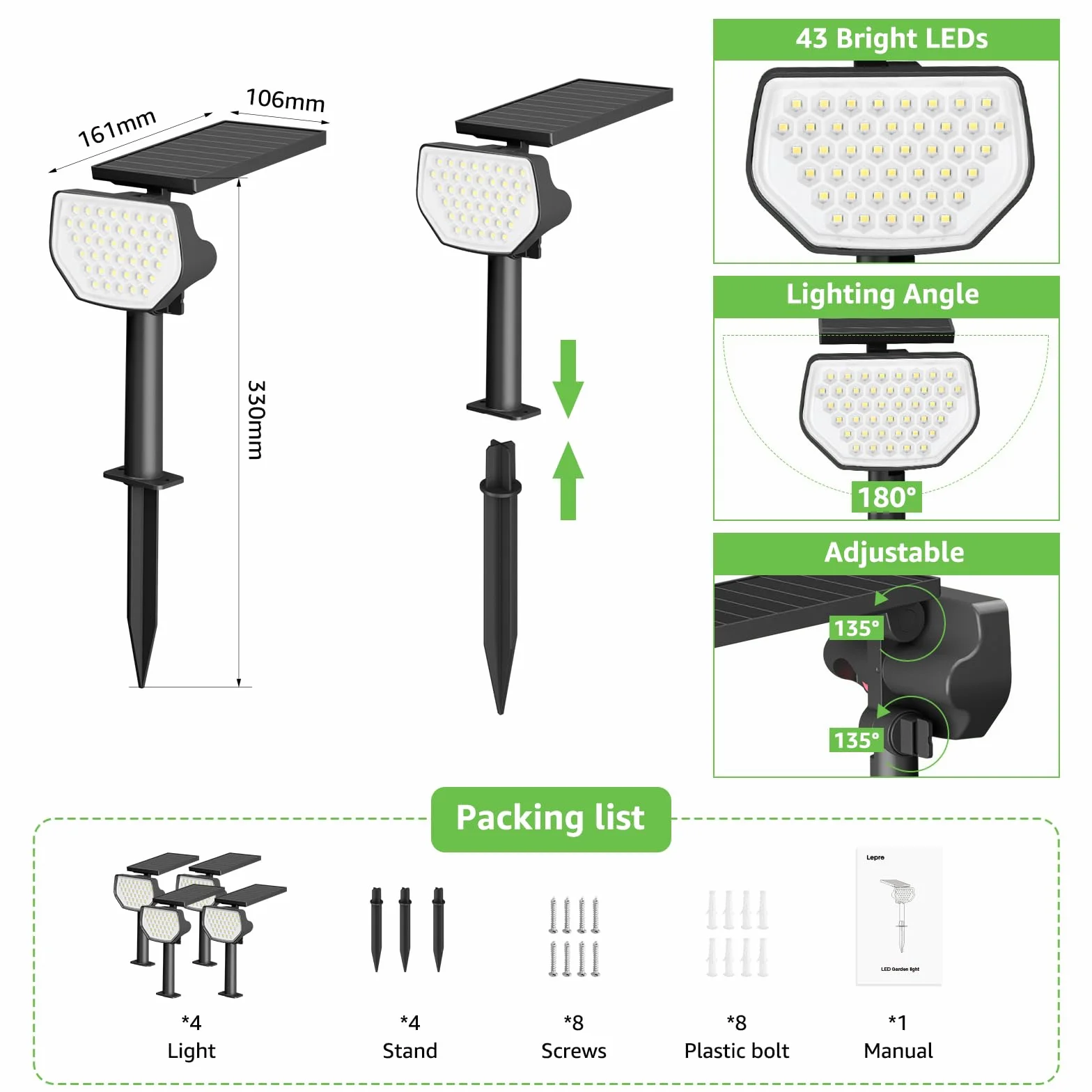 Lepro Zestaw 4 zewnętrznych lamp solarnych, mocny zewnętrzny reflektor solarny, wodoodporny zewnętrzny reflektor solarny IP65, zimne światło, regulowany 135°, do ogrodu, na ścieżki, garaż i taras