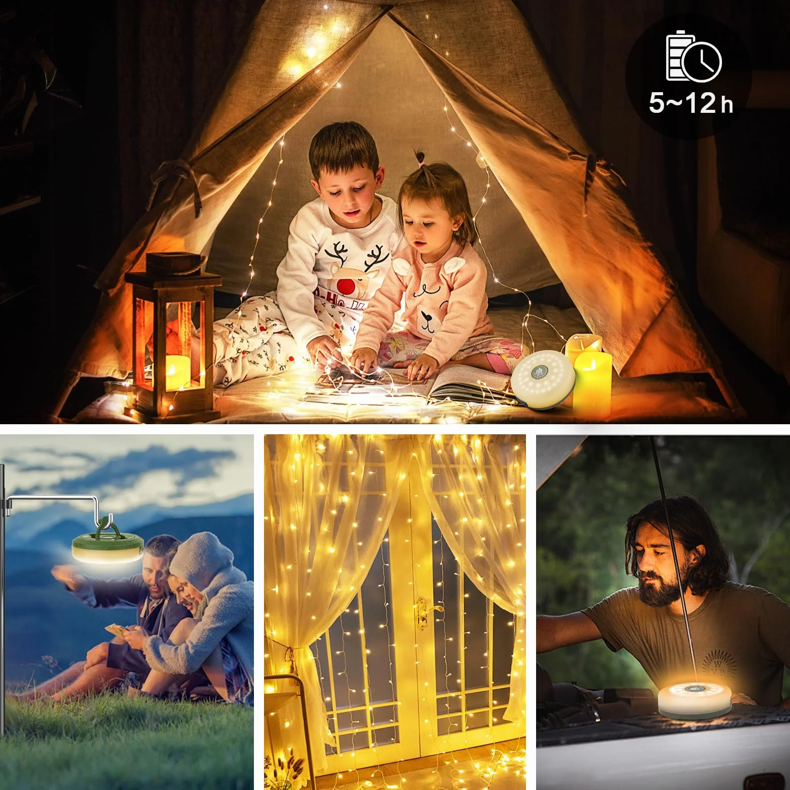 Lampki kempingowe zwijane - 10 m, 132 diody LED, wodoodporne, solarne, zwijane, lampki LED, zewnętrzne, kempingowe, USB, akumulatorowa lampa kempingowa do biwakowania, ogrodu i wędrówek