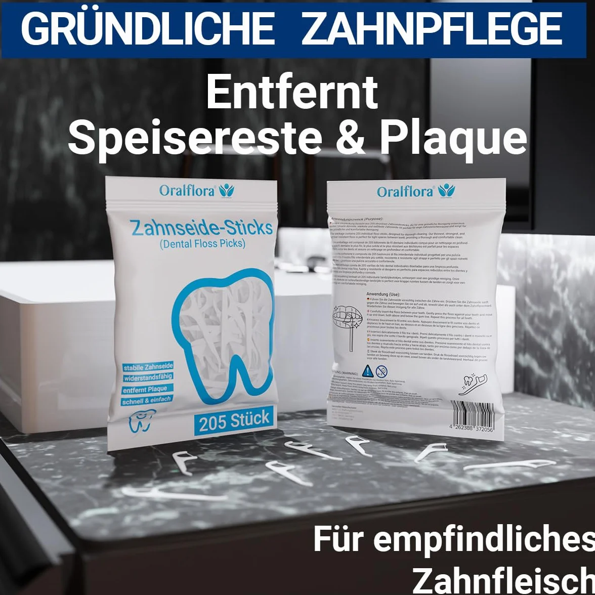 205 x patyczki z nicią dentystyczną – Dental Floss Picks – Oralflora – czyszczenie przestrzeni międzyzębowej do pielęgnacji zębów i zdrowych dziąseł i zębów trzonowych – 2 w 1 z wykałaczką na uchwycie