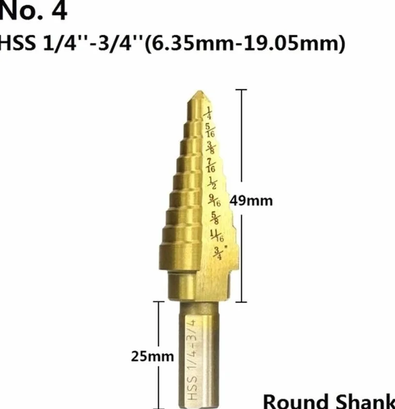 Zestaw wierteł stopniowych z rowkiem spiralnym, Wiertło stopniowe 1/8"-3/4" cala, stożkowe wiertło HSS pokryte tytanem, do wiercenia otworów w drewnie/metalu, wiertło stopniowe(No.4 1i4 3i4)