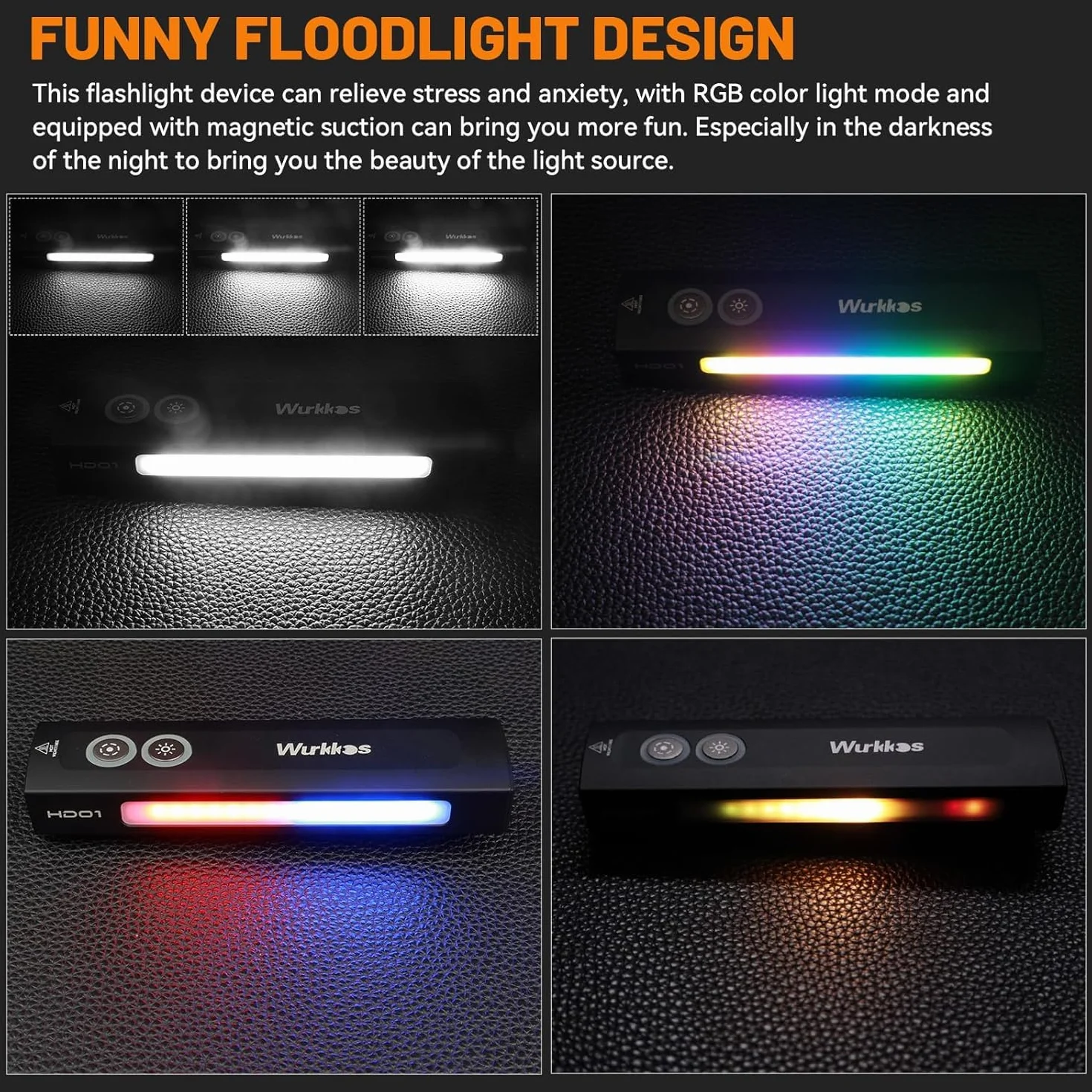 Wurkkos HD01 z akumulatorem, zielone światło, główna dioda LED do światła białego z bocznym światłem RGB, latarka przenośna o mocy 1200 lumenów z magnesem (Czarny-HD01)