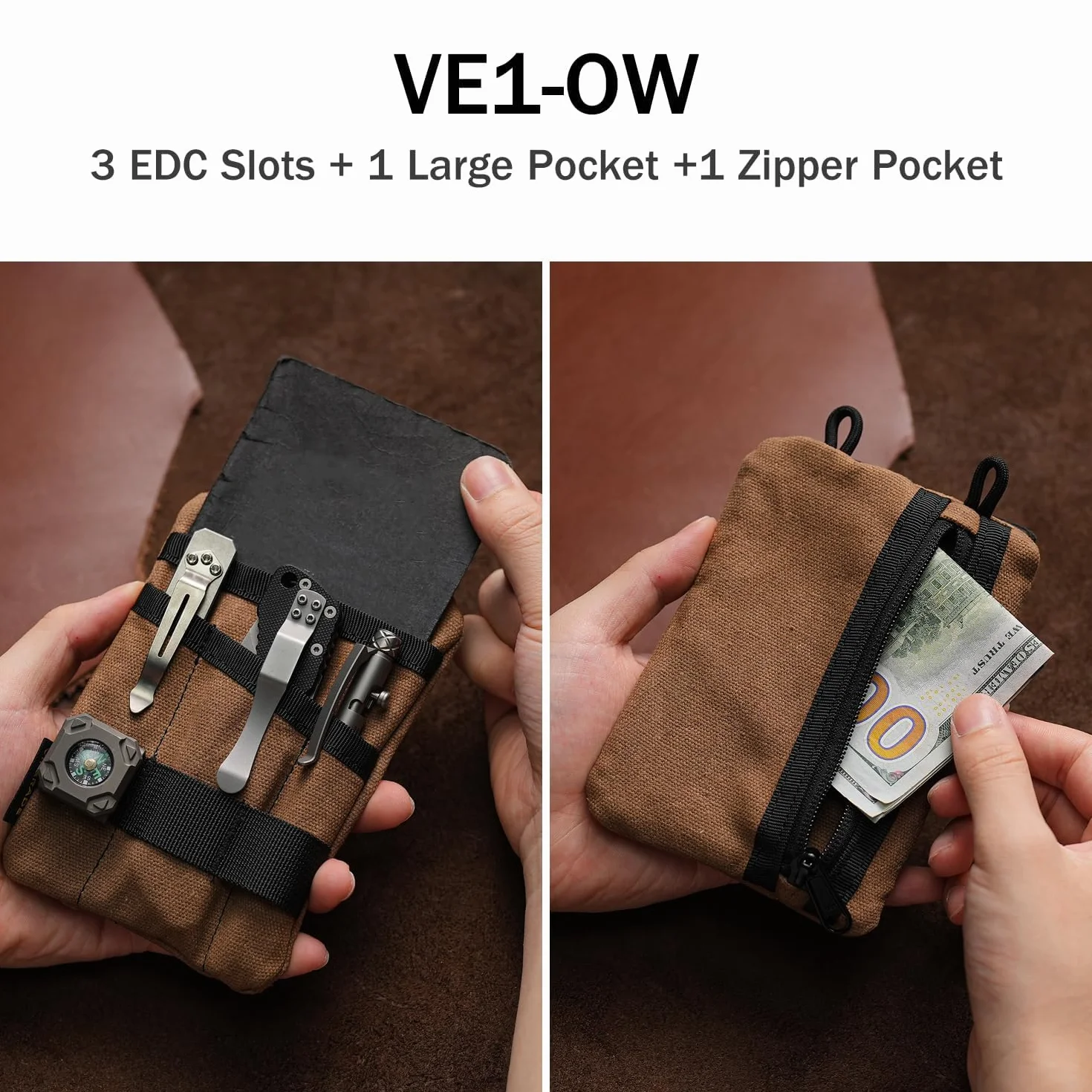 VIPERADE VE1-OW Mała kieszonka kieszonkowa EDC, woskowane płótno torba z organizerem EDC, mała torba narzędzia EDC z 5 kieszeniami, mały organizer kieszonkowy Multitool na latarkę Multitools notes-tan