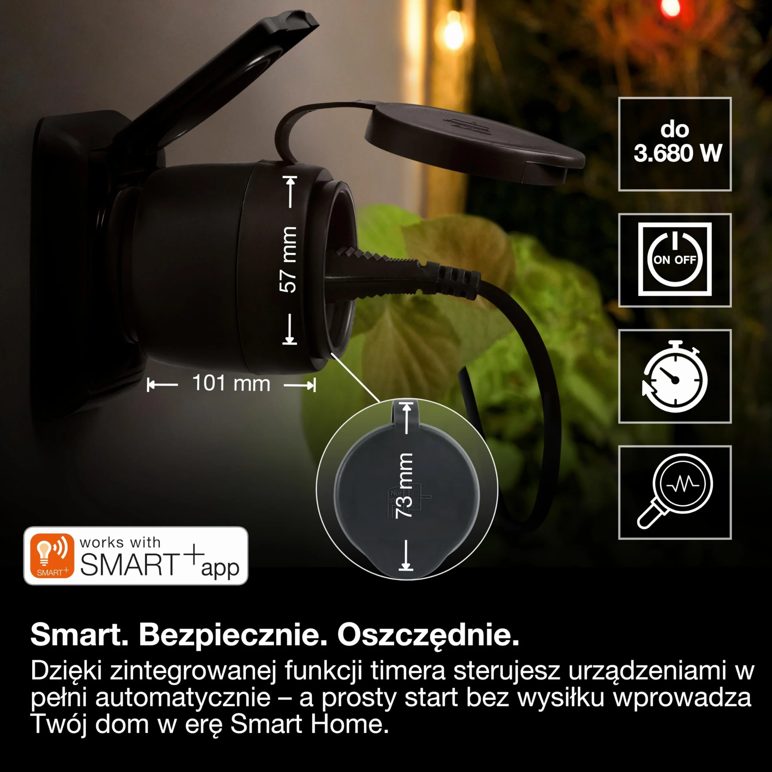 OSRAM Gniazdo zewnętrzne EU SMART+ MATTER, gniazdo zewnętrzne z kontrolą zużycia energii w kolorze czarnym wykonane z PP, stopień ochrony IP44, integracja urządzeń z inteligentnym domem
