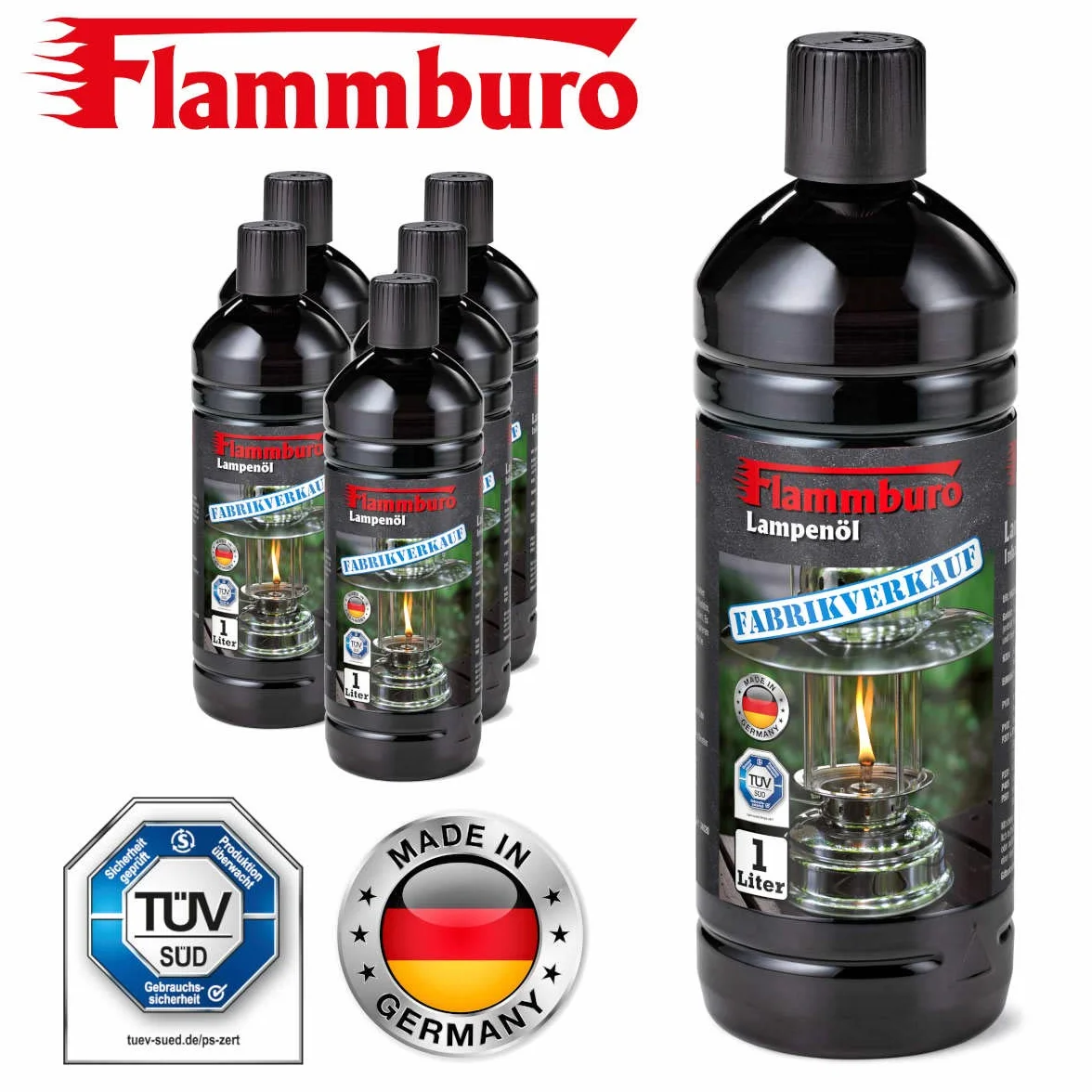 FLAMMBURO 6 litrów oleju do lamp olejowych, lamp naftowych, latarek ogrodowych, świec olejowych, świec olejowych, 6 x 1 litr = 6 litrów