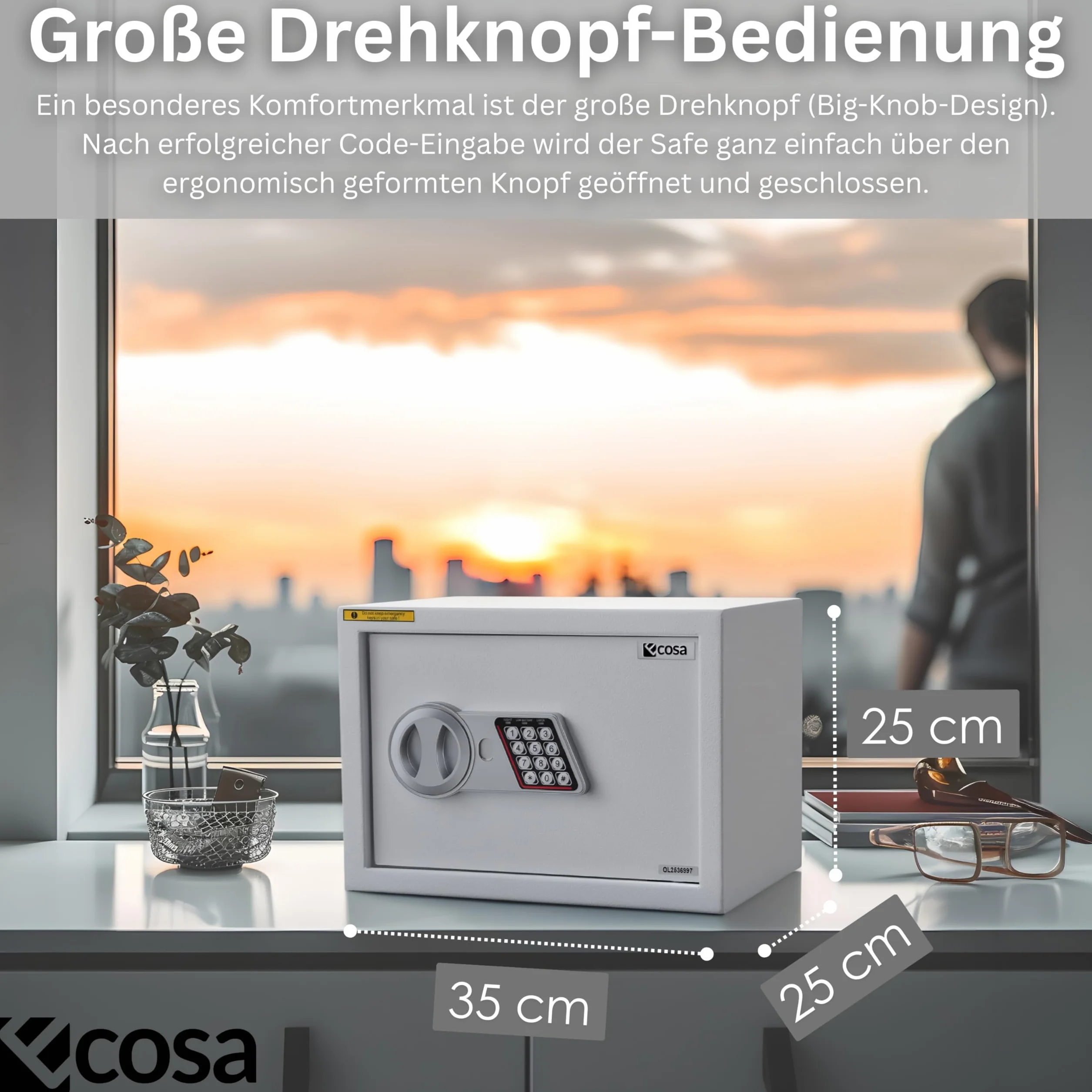 Ecosa Elektroniczny sejf 35 x 25 x 25 cm – sejf meblowy i sejf ścienny z kodem numerycznym i kluczem, sejf hotelowy do domu, 3-krotna, bardzo gruba podwójna blokada bolca, ognioodporny, wodoszczelny