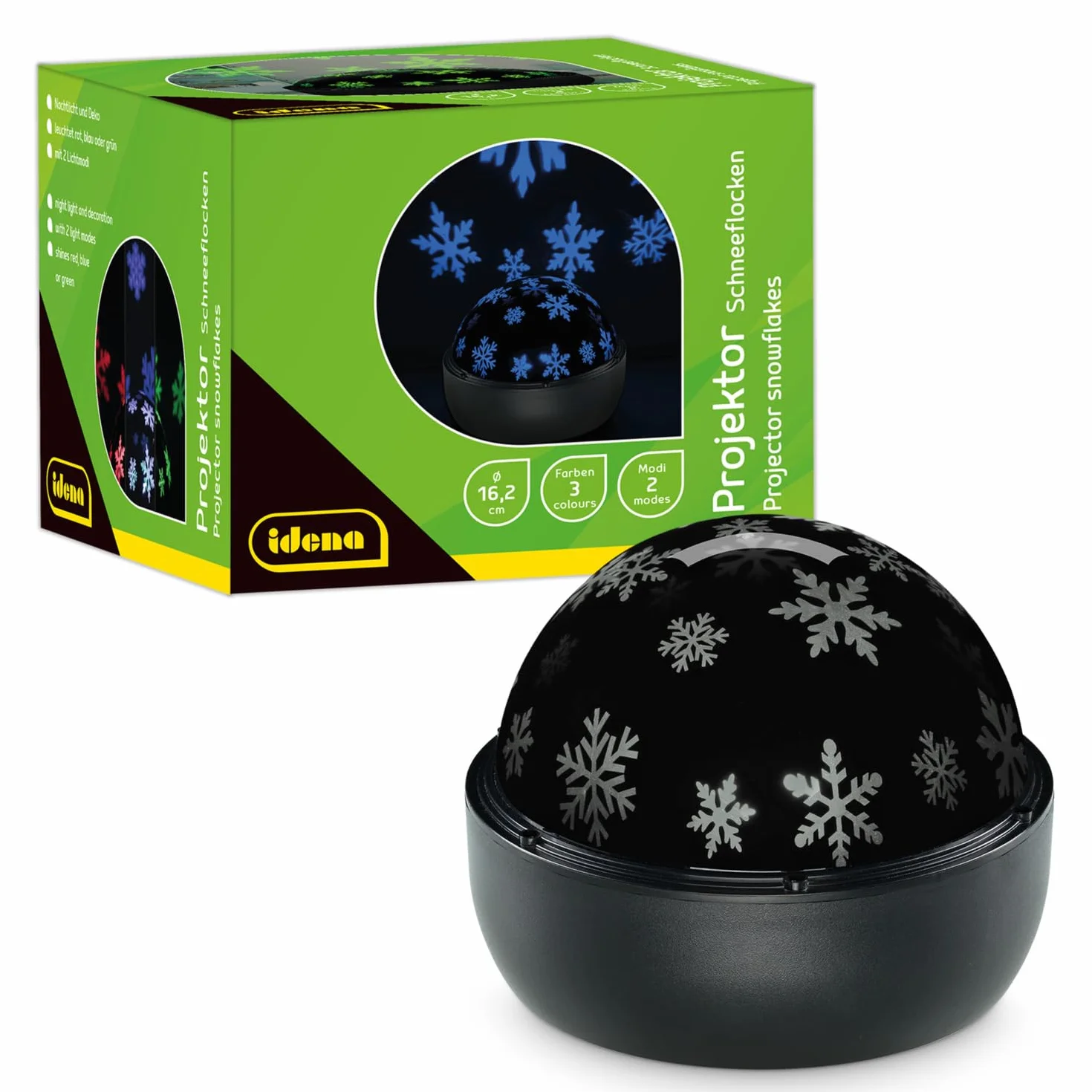Idena 50146 - Projektor LED płatki śniegu, świeci w kolorach czerwonym, zielonym i niebieskim, projektor LED gwiaździste niebo z 2 trybami, zasilany bateryjnie, ok. 16,2 x 13 cm