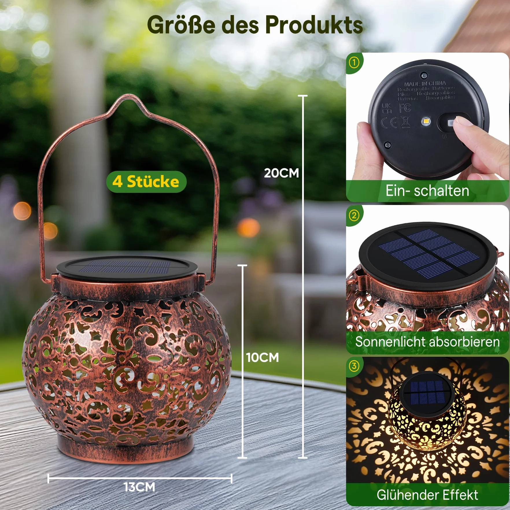Latarnie solarne do użytku na zewnątrz, 4 sztuki, odporne na warunki atmosferyczne, IP65, do użytku na zewnątrz, metalowe wiszące