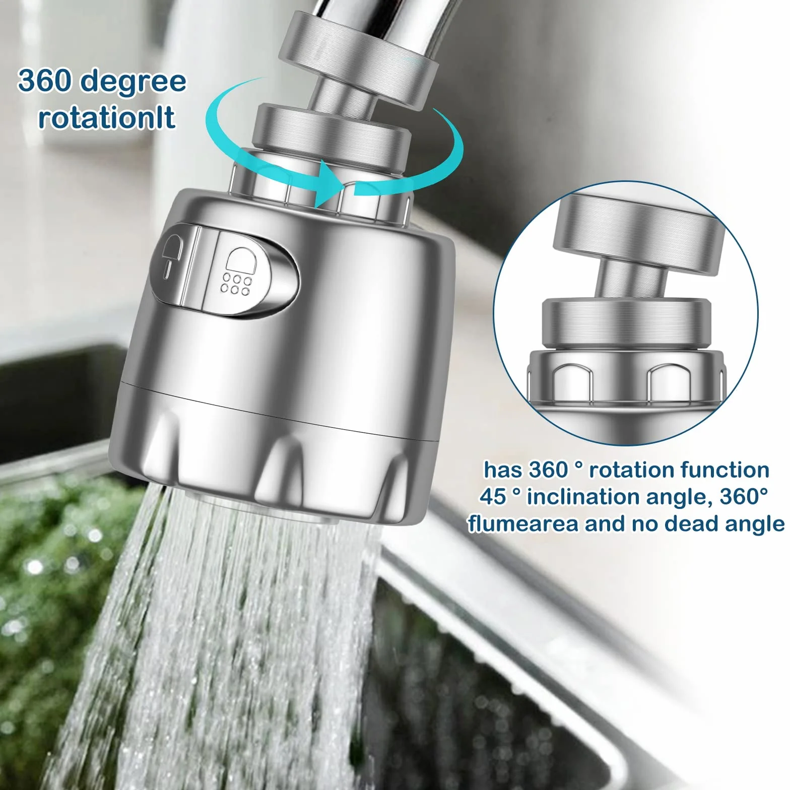 Vinabo Filtro Rubinetto kran kołyskowy, obrotowy 360°, napowietrzacz, oszczędzający wodę, regulator głowicy natryskowej, dysza głowicy natryskowej do kuchni, łazienki, 2 tryby, srebrny
