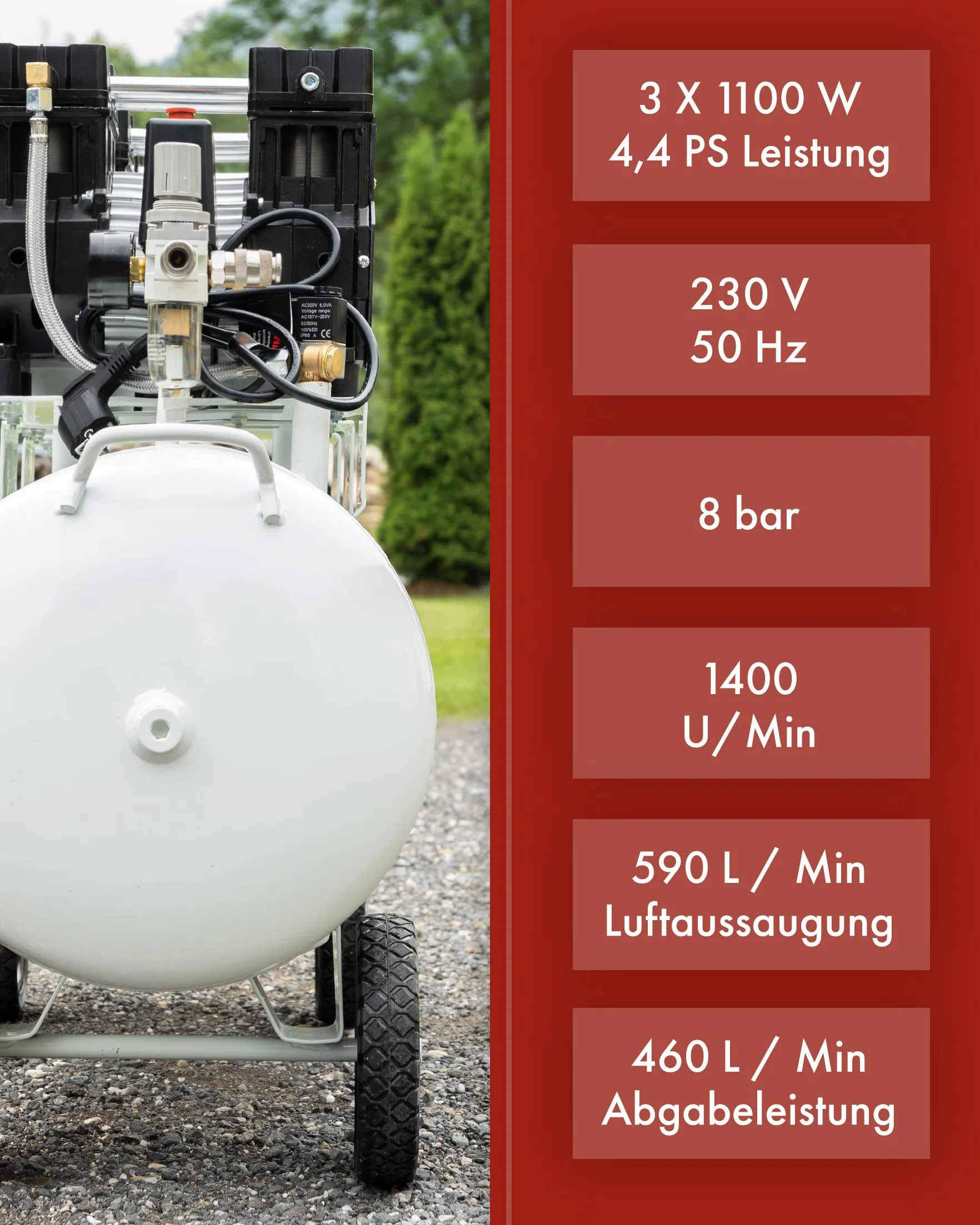 KnappWulf cicha sprężarka powietrza KW2200, 8 bar, 100 l zbiornika, 3300W, 590 l/min, bezolejowa, w zestawie odseparowana woda, reduktor ciśnienia, zawór odprowadzania kondensatu