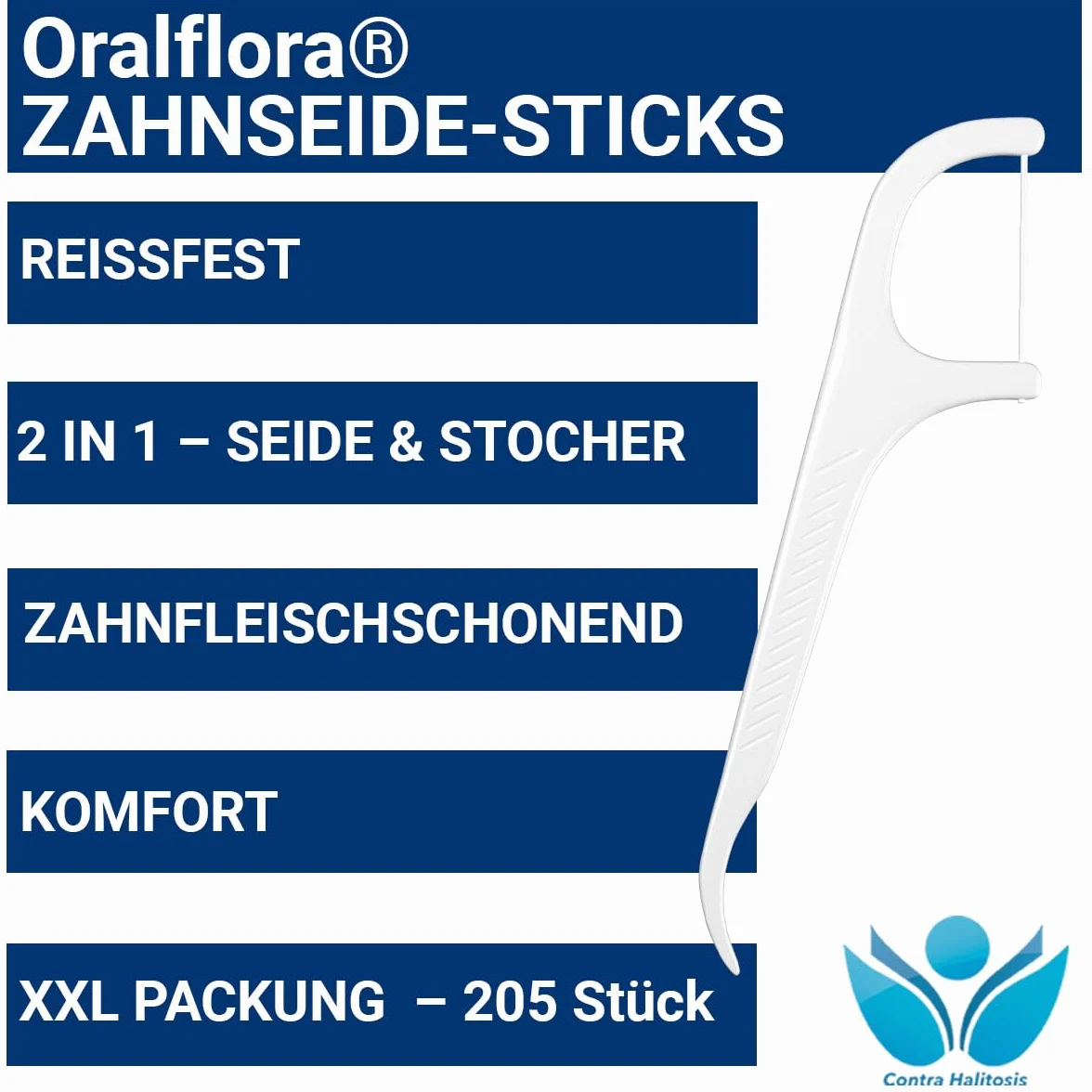 205 x patyczki z nicią dentystyczną – Dental Floss Picks – Oralflora – czyszczenie przestrzeni międzyzębowej do pielęgnacji zębów i zdrowych dziąseł i zębów trzonowych – 2 w 1 z wykałaczką na uchwycie