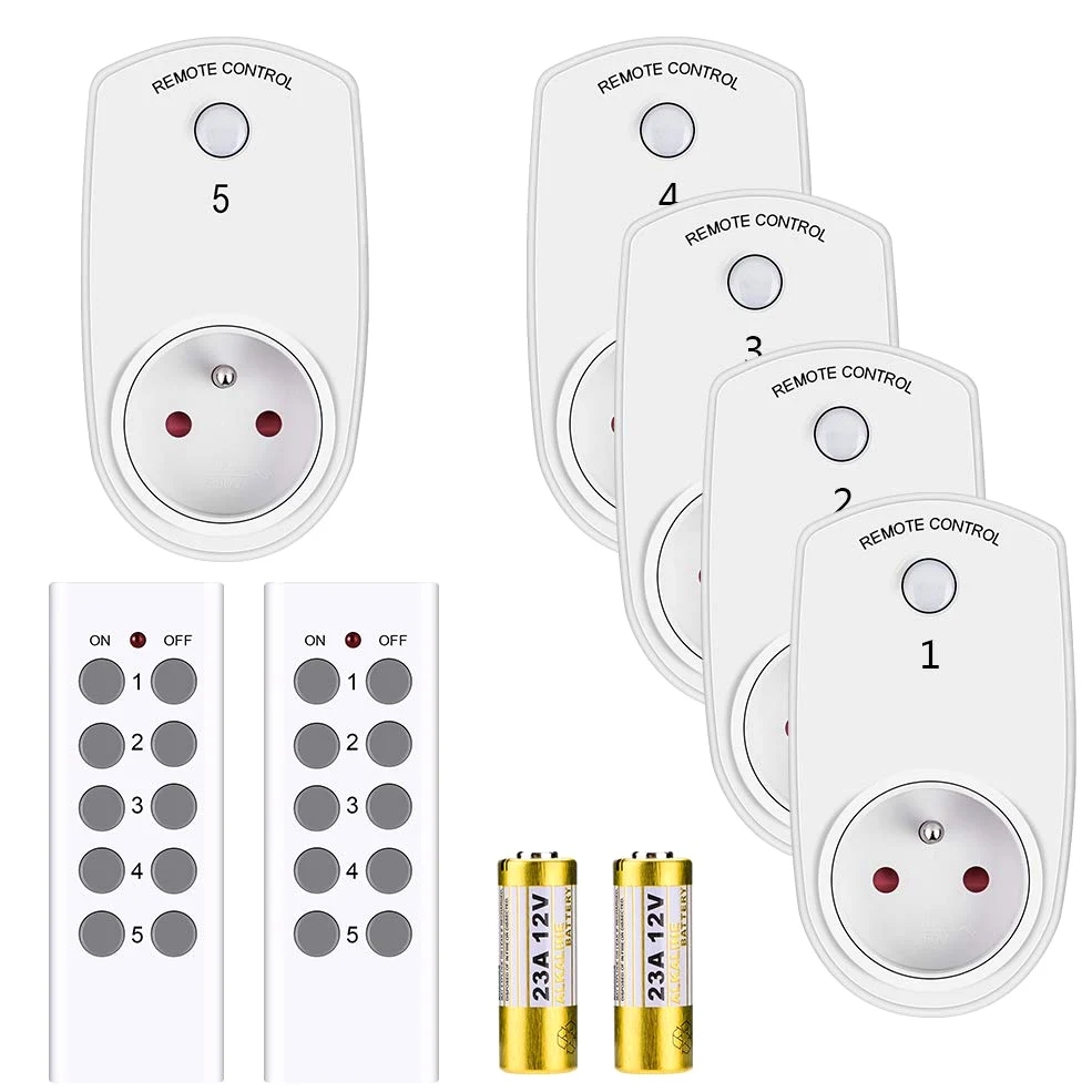 DEWIN Gniazda wtykowe z pilotem zdalnego sterowania, 5 sztuk, Smart Wireless Control, gniazdko ścienne, przełączniki, kompatybilne z wtyczkami UE z 2 pilotami