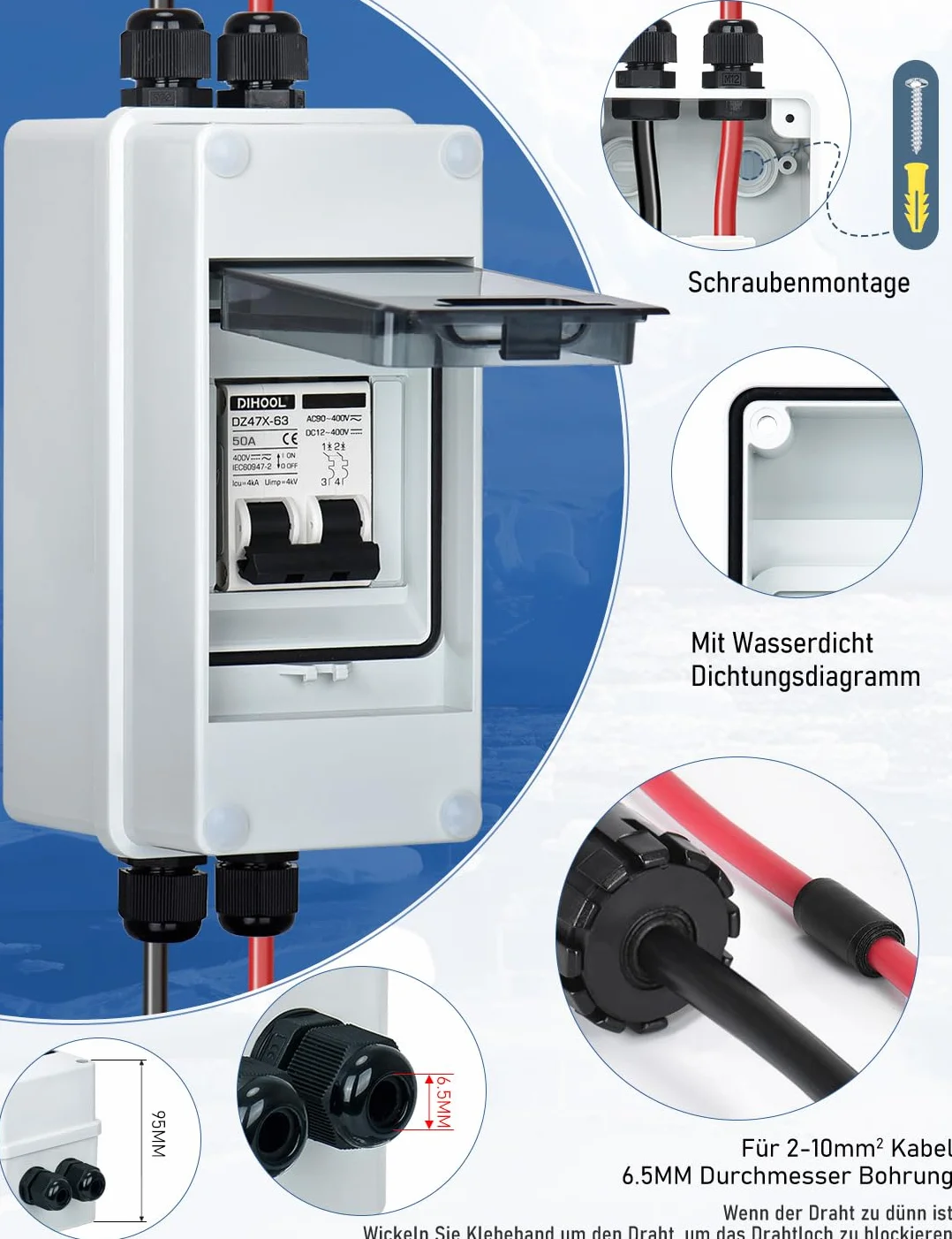 Automatyczny bezpiecznik PV, wyłącznik PV, wyłącznik prądu stałego IP65, wyłącznik automatyczny, instalacja solarna, 500 V, 10-63 A, 2-pilotowa ochrona obwodu DC (15 A)