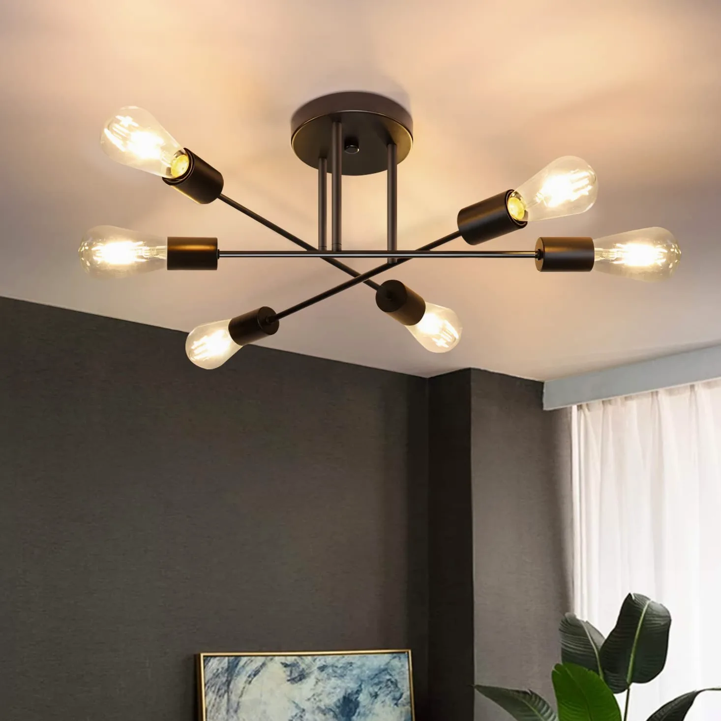 Lampa sufitowa Vintage 6 płomieni E27 Żyrandol Czarna Retro Przemysłowa