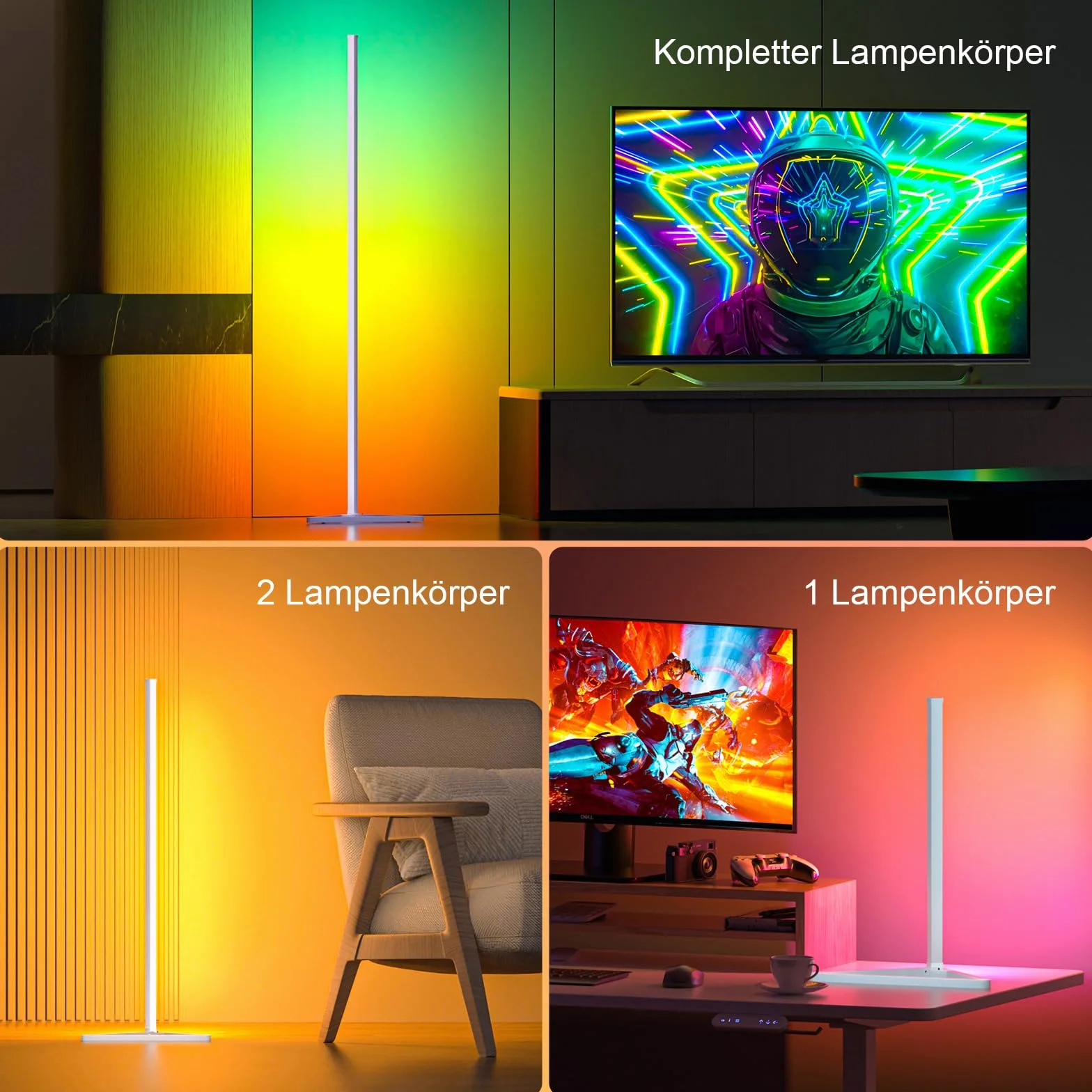 Lampa stojąca LED, 2 sztuki, 140 cm, RGBIC, możliwość ściemniania, z aplikacją, wysokość DIY zdejmowana, 16 milionów kolorów, 300 trybów scenerii, synchronizacja muzyki, programator czasowy