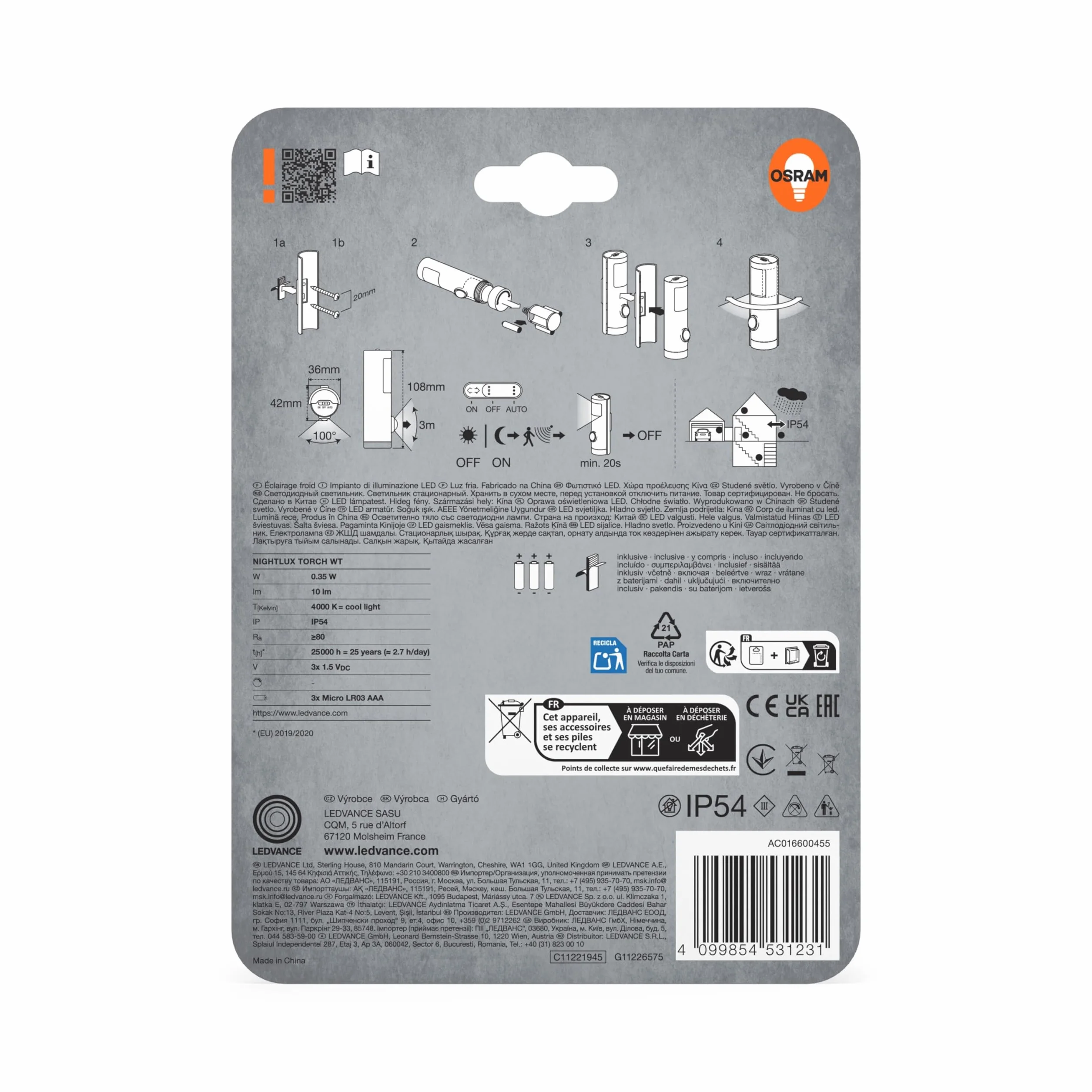 OSRAM Lampka nocna Torch LED z czujnikiem ruchu, biała, funkcja latarki 2 w 1, czujnik światła, zasilana bateryjnie, wodoszczelność IP54