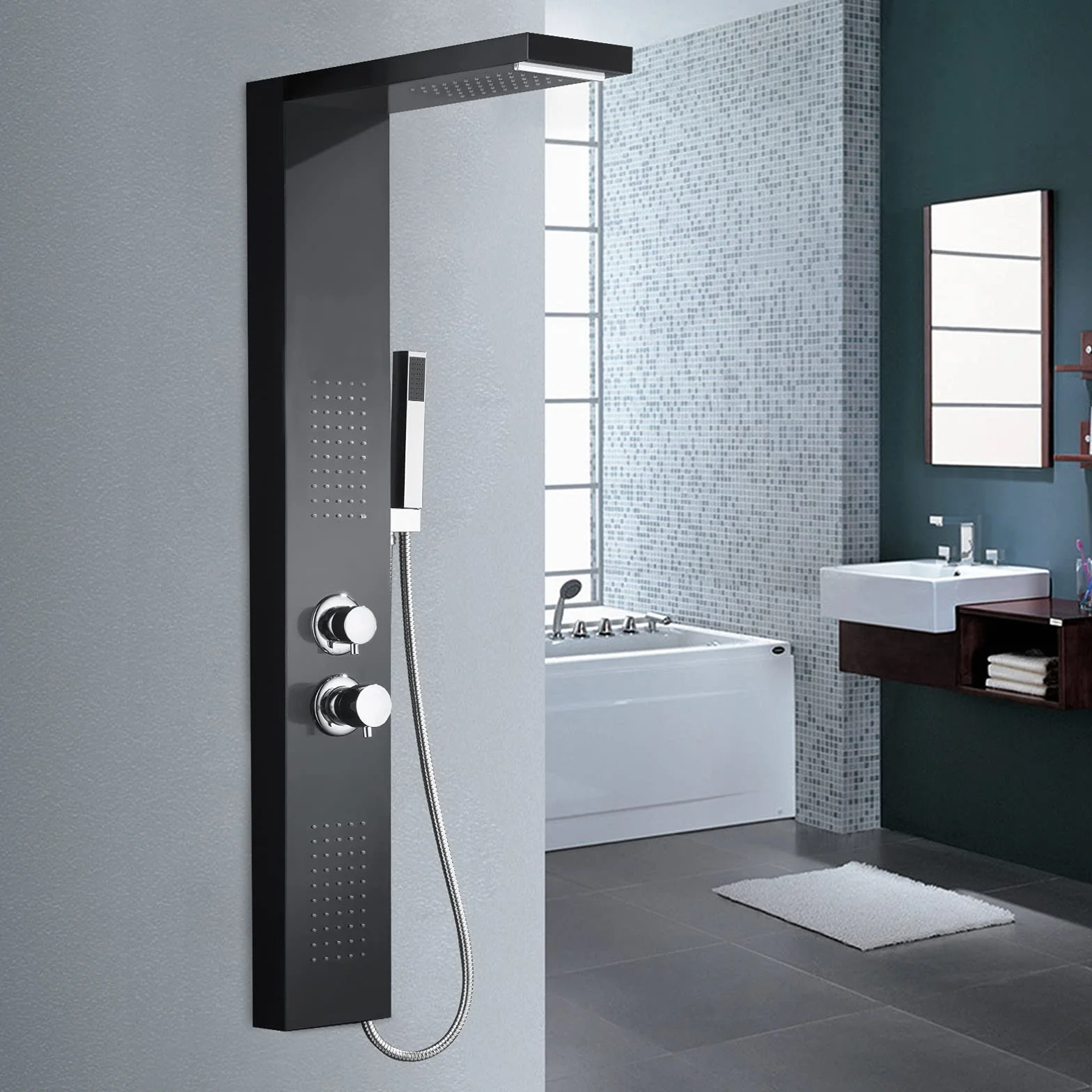 HENGMEI Panel prysznicowy system prysznicowy ze stali nierdzewnej szczotkowanej armatura prysznicowa zestaw prysznicowy z deszczownicą, prysznic z masażem, prysznic z wodospadem, słuchawka prysznicowa