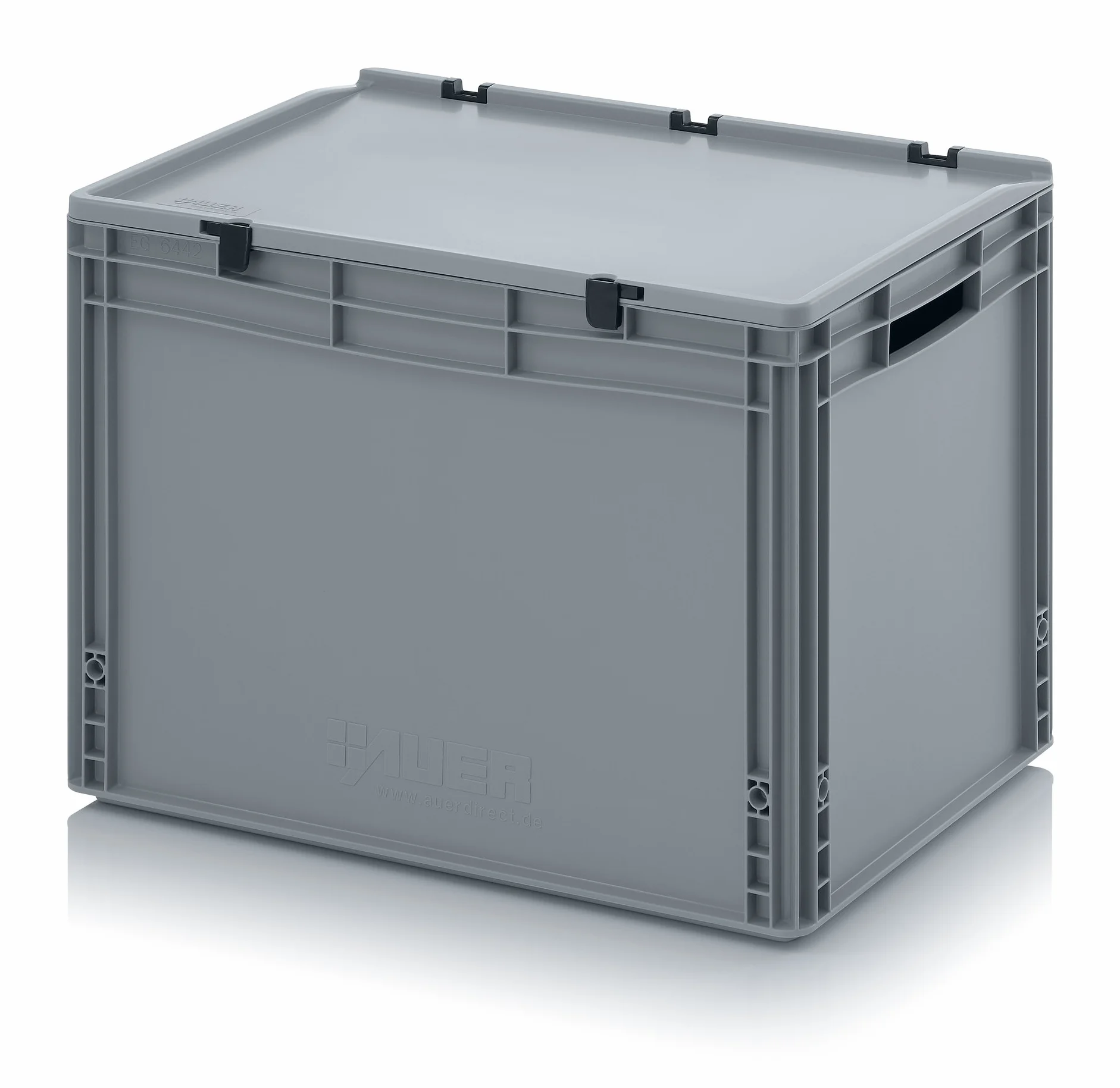 Eurobox 60 x 40 x 43,5 cm z otwartymi uchwytami i pokrywką na zawiasach, w zestawie gratis calówka