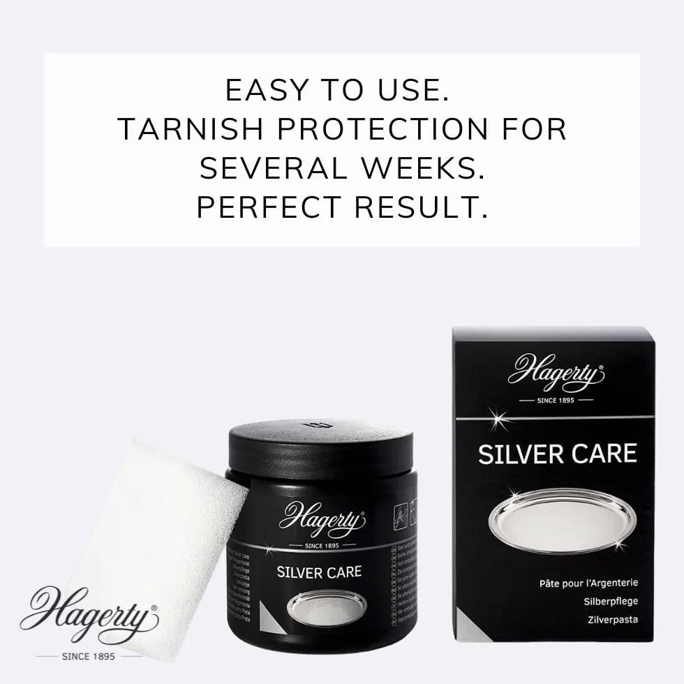 Hagerty Silver Care srebrny krem 185 g, skuteczna politura do czyszczenia i pielęgnacji srebra i metali srebrnych, środek czyszczący do utlenionych sztućców, talerzy, tac, z gąbką